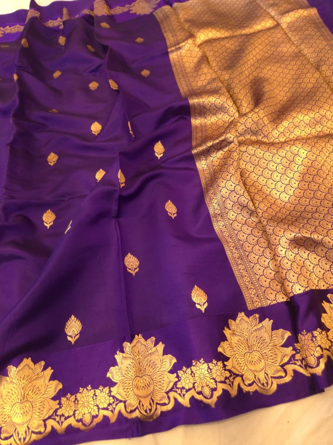 Deep Violet Katan Silk Banarasi saree front drape view