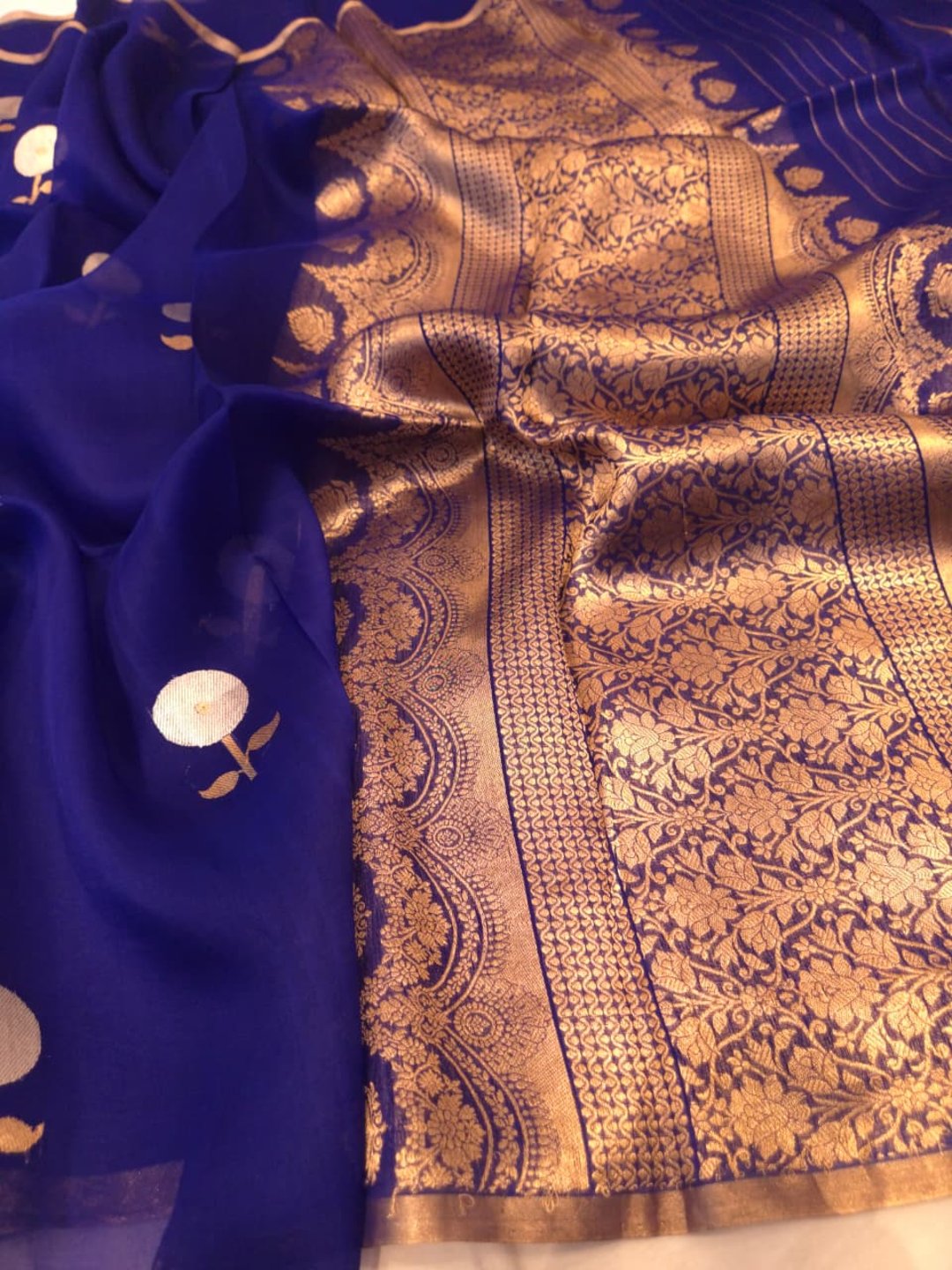 Royal Blue Katan Silk Banarasi saree pallu detail
