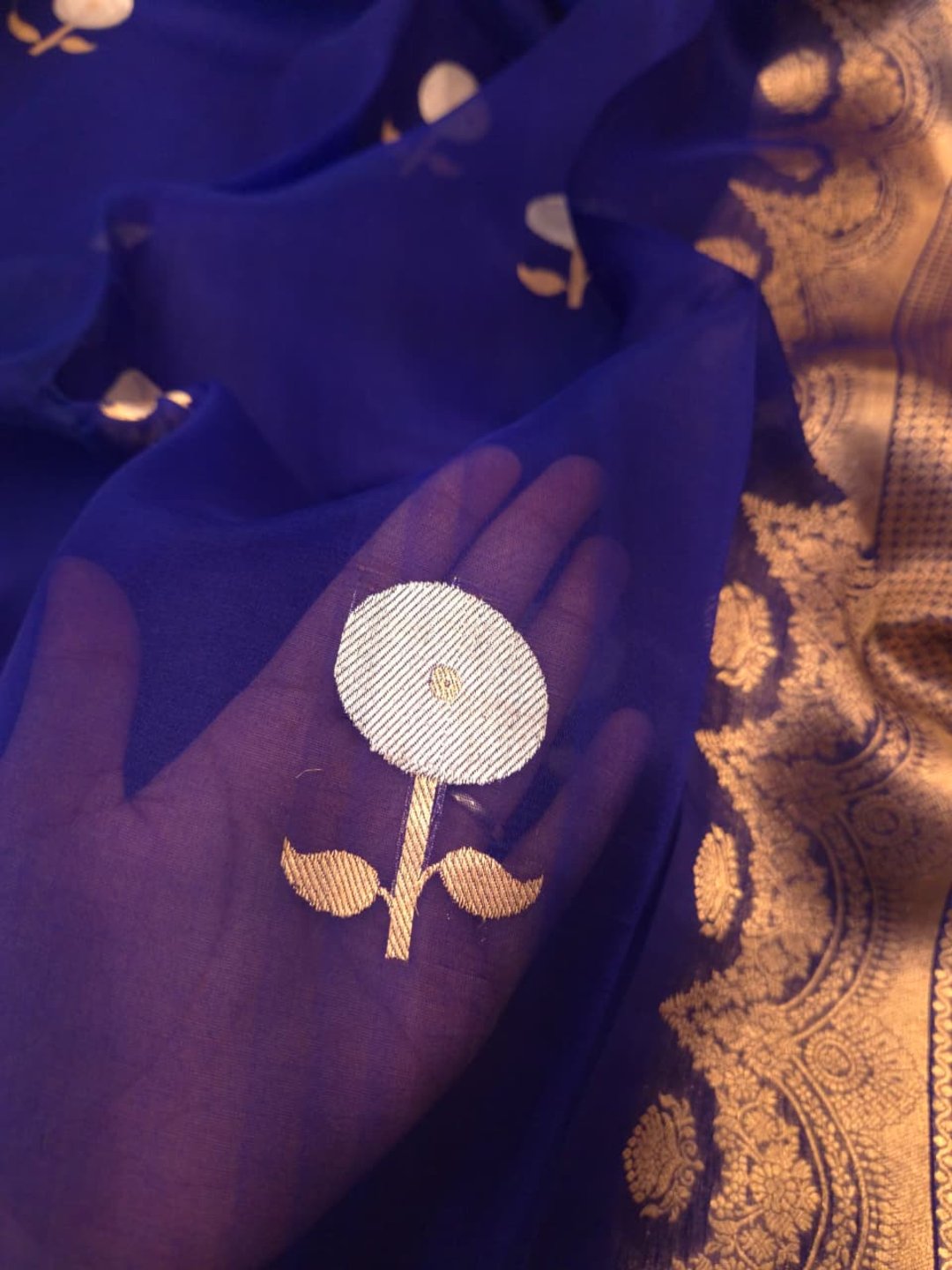 Royal Blue Katan Silk Banarasi saree border closeup