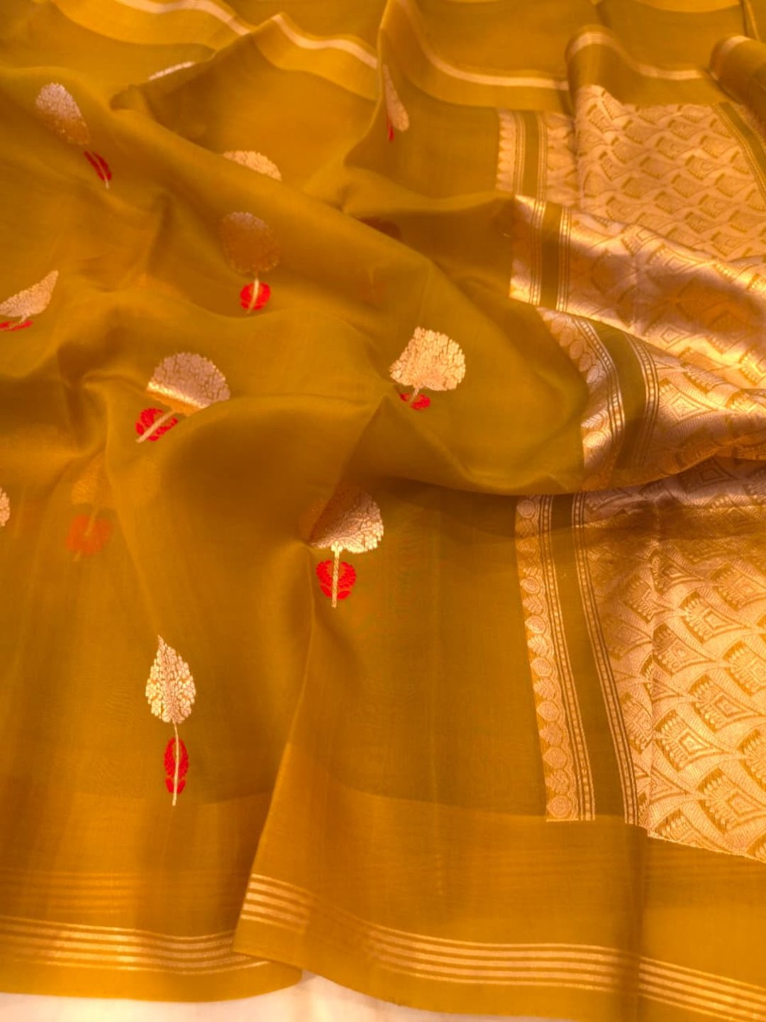 Olive Green Katan Silk Banarasi saree front drape view