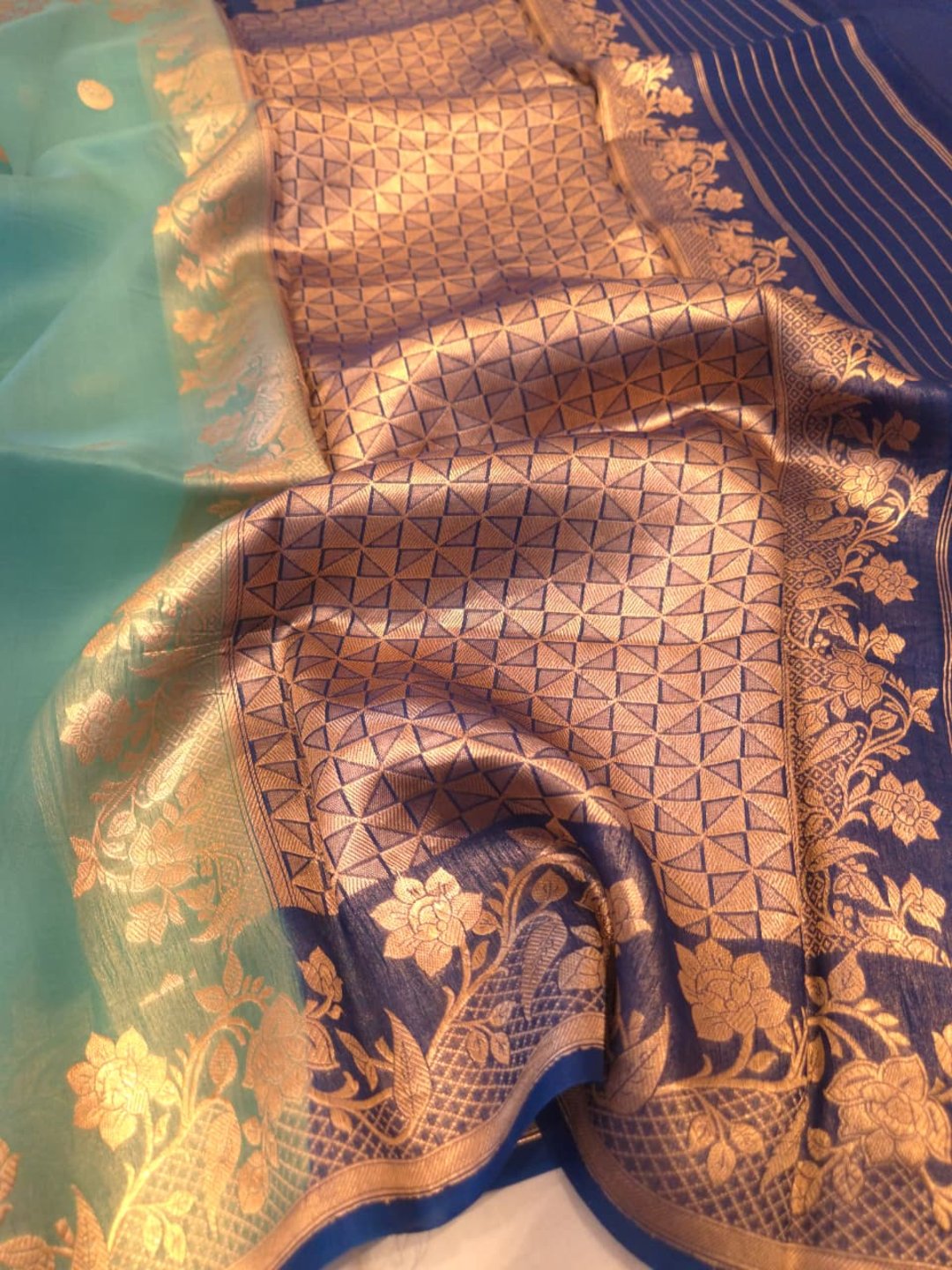 Sea Green Cora silk Banarasi saree full spread