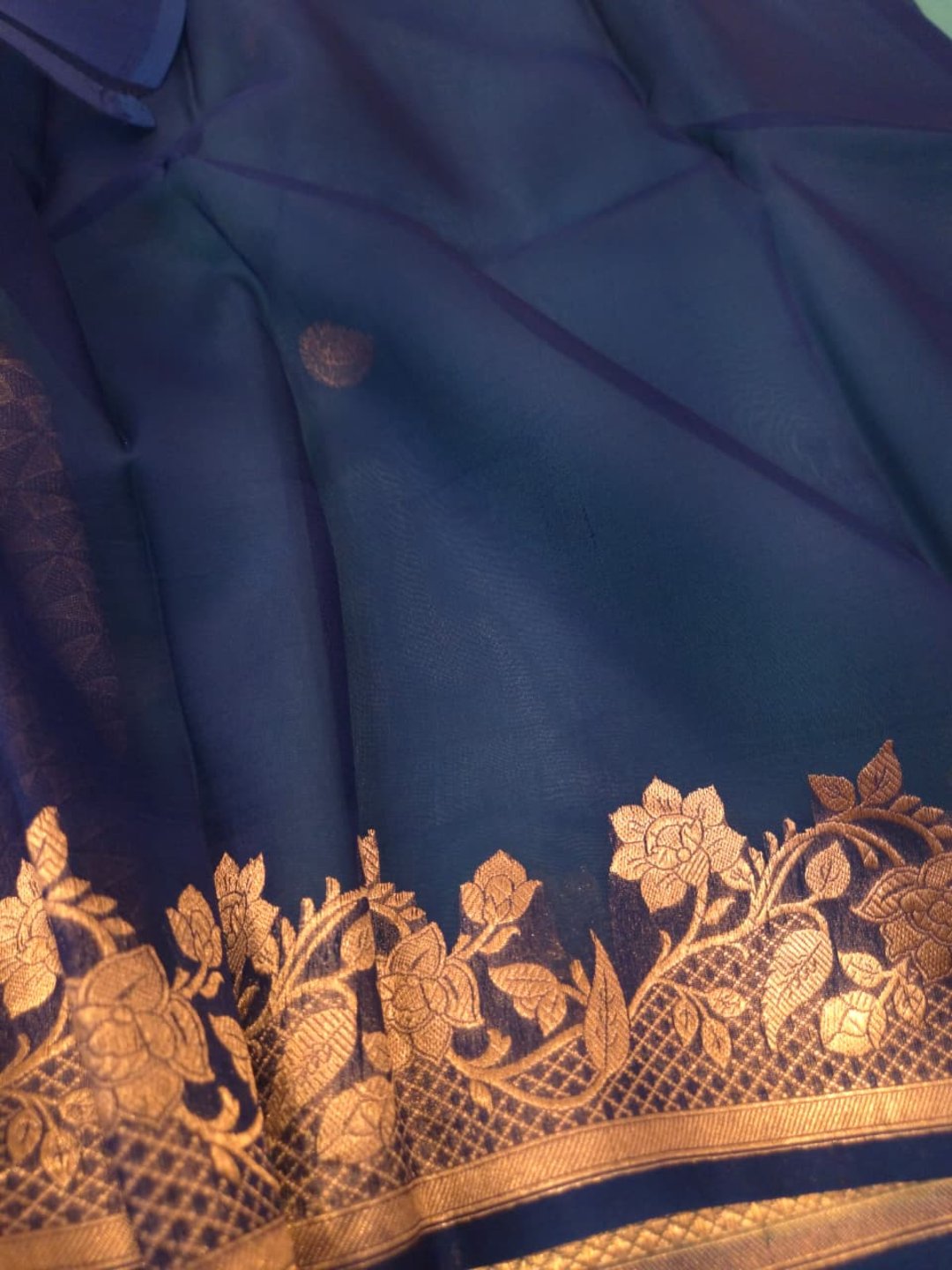 Sea Green Cora silk Banarasi saree texture detail
