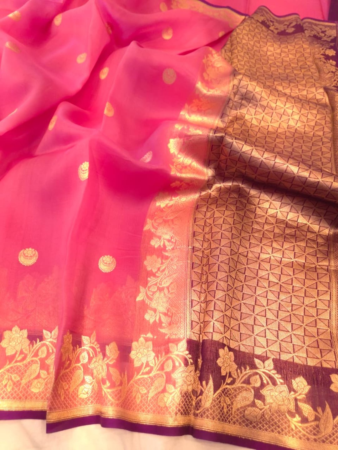 Light Pink Cora silk Banarasi saree front drape view