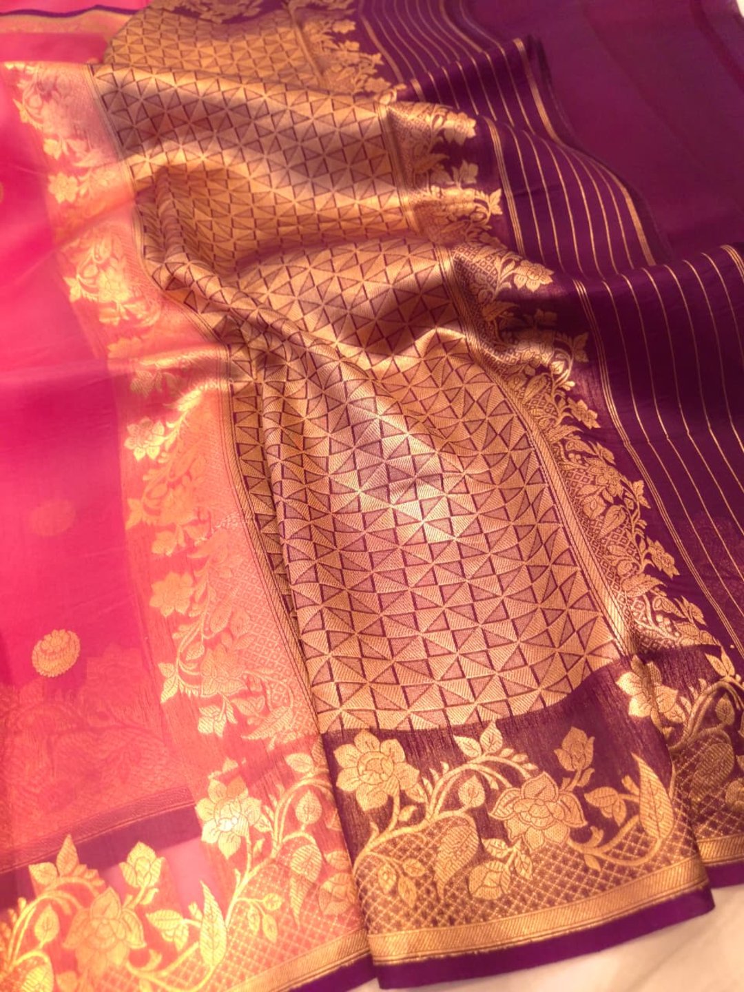 Light Pink Cora silk Banarasi saree full spread