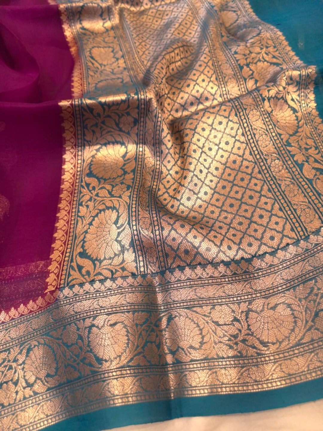 Purple Cora silk Banarasi saree front drape view