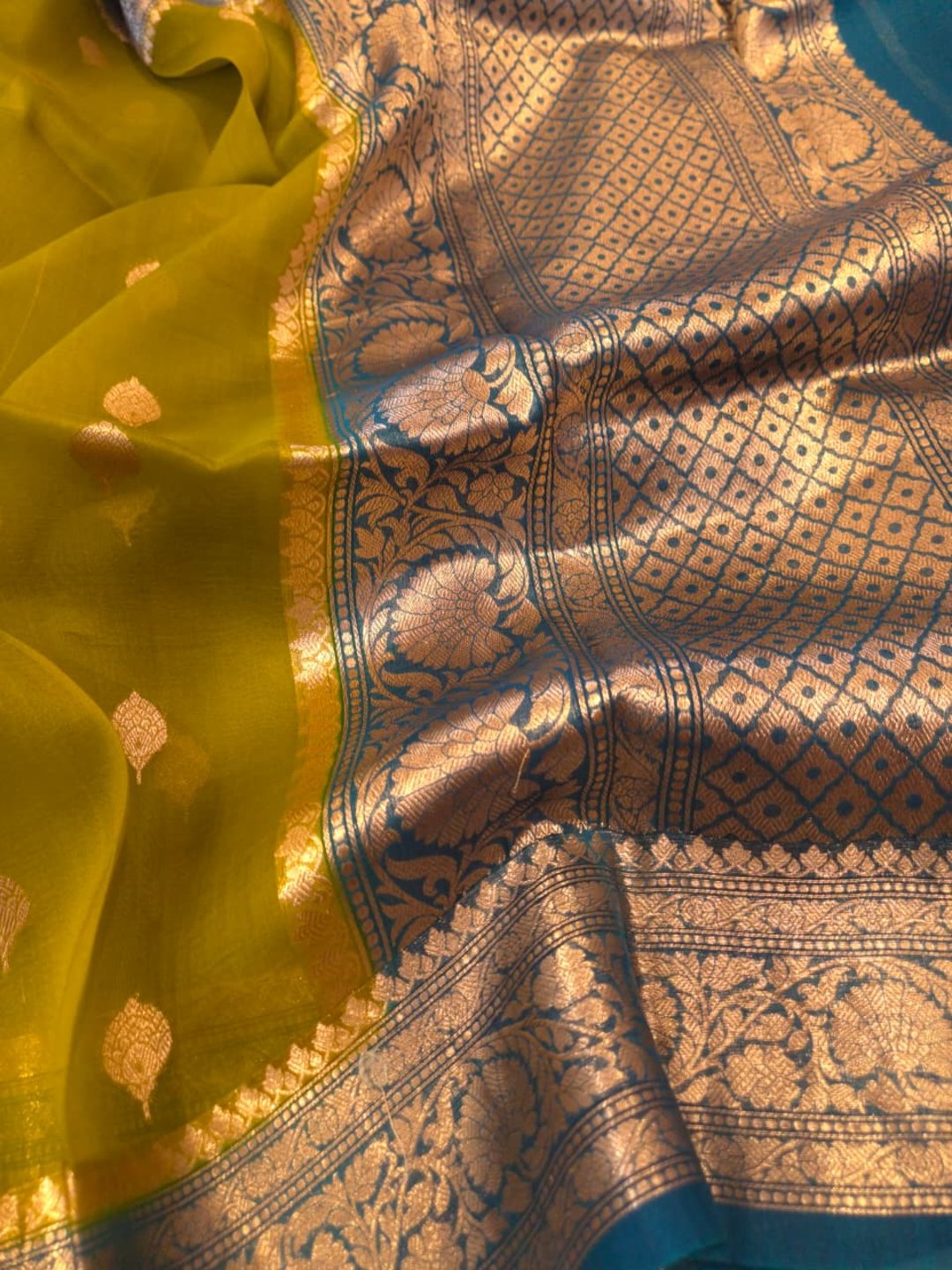 Olive green body with peacock blue border Kora Silk Banarasi saree blouse piece