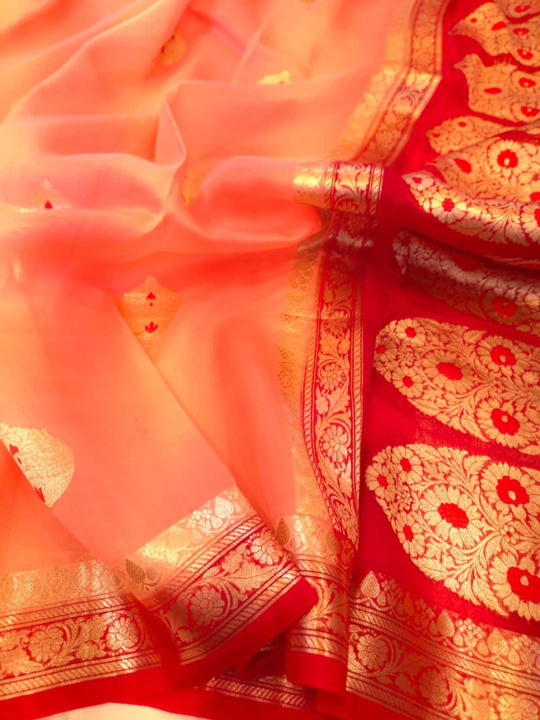 Peach Cora silk Banarasi saree front drape view