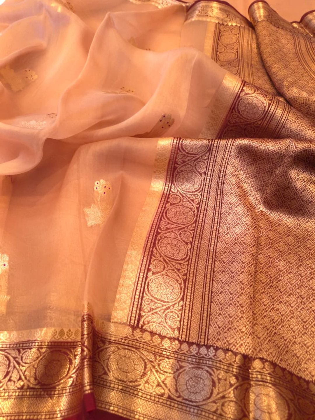 Light Peach Kora Silk Banarasi saree full spread
