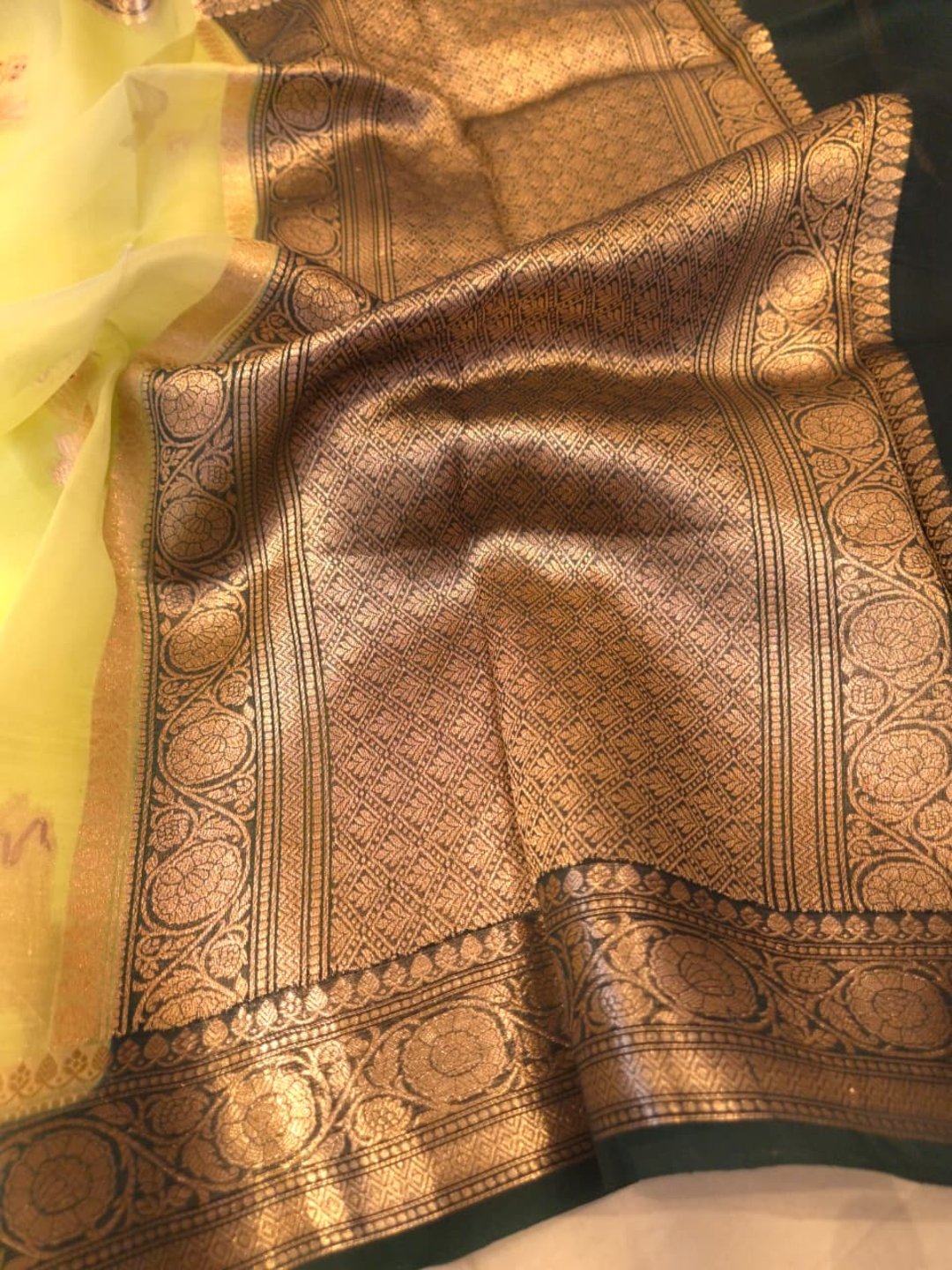 Light Green Kora Silk Banarasi saree front drape view