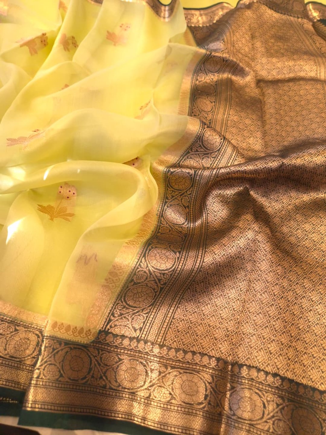 Light Green Kora Silk Banarasi saree full spread