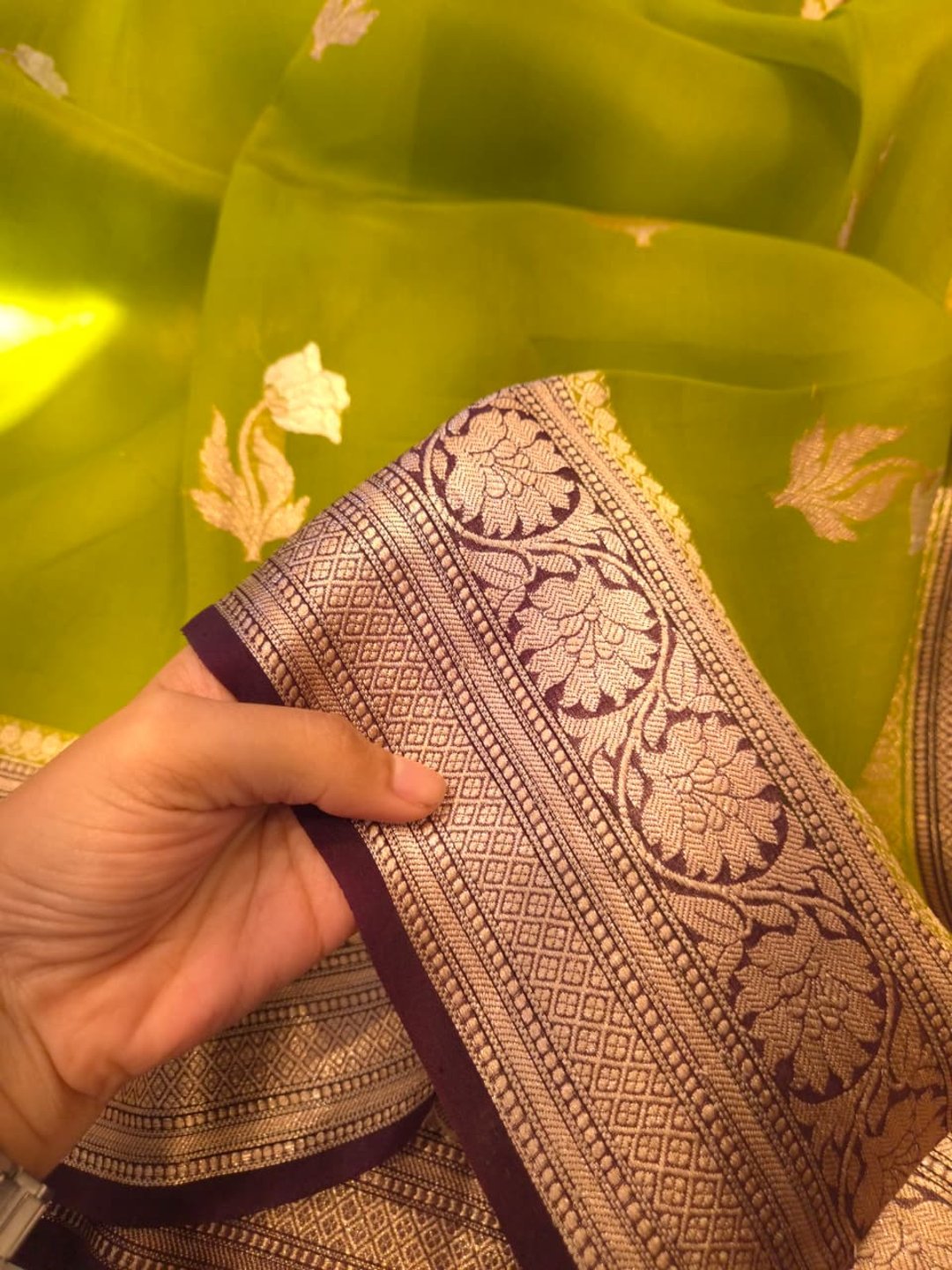 Olive green with maroon border a Kora Silk Banarasi saree full spread