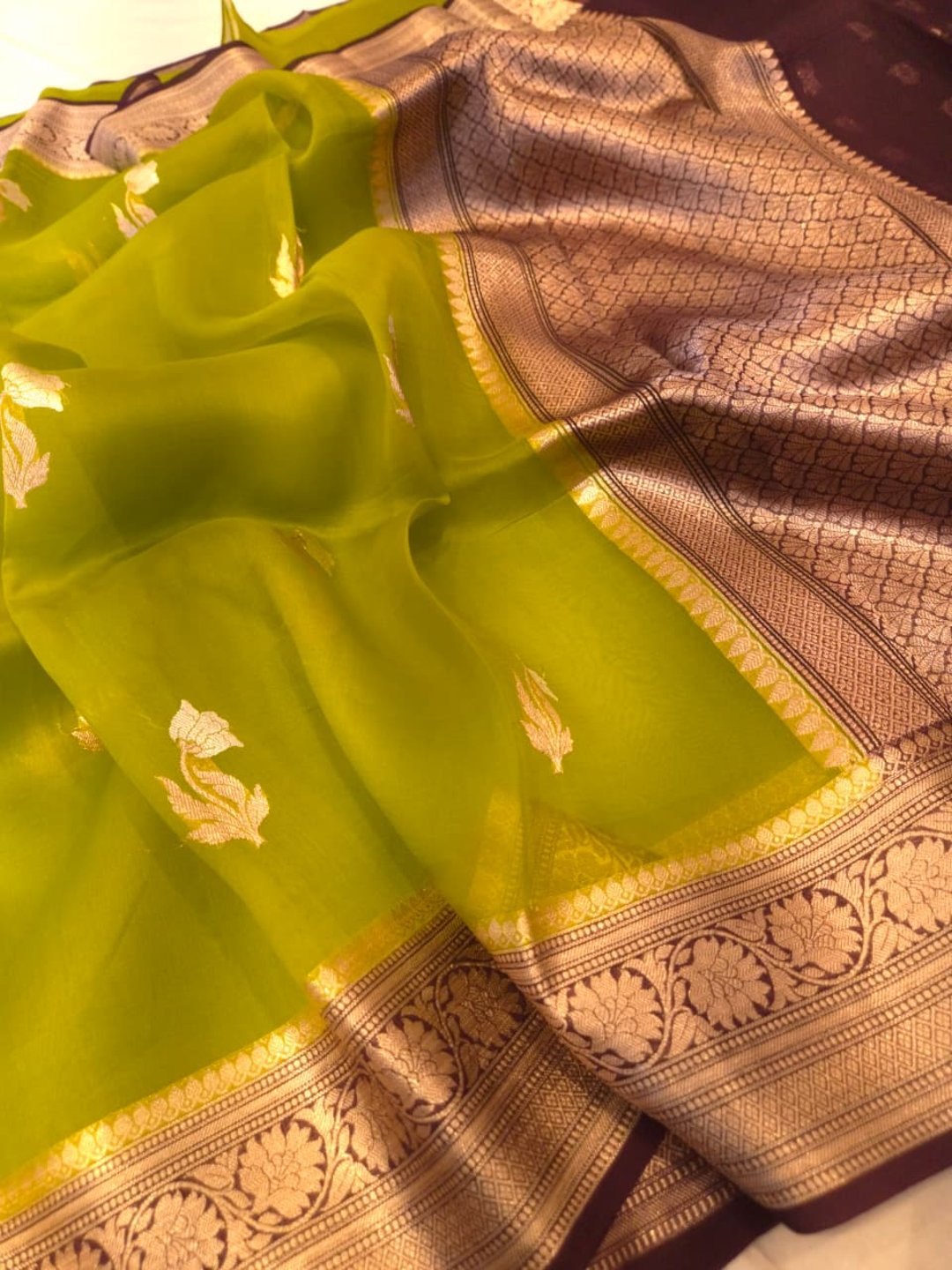 Olive green with maroon border a Kora Silk Banarasi saree texture detail