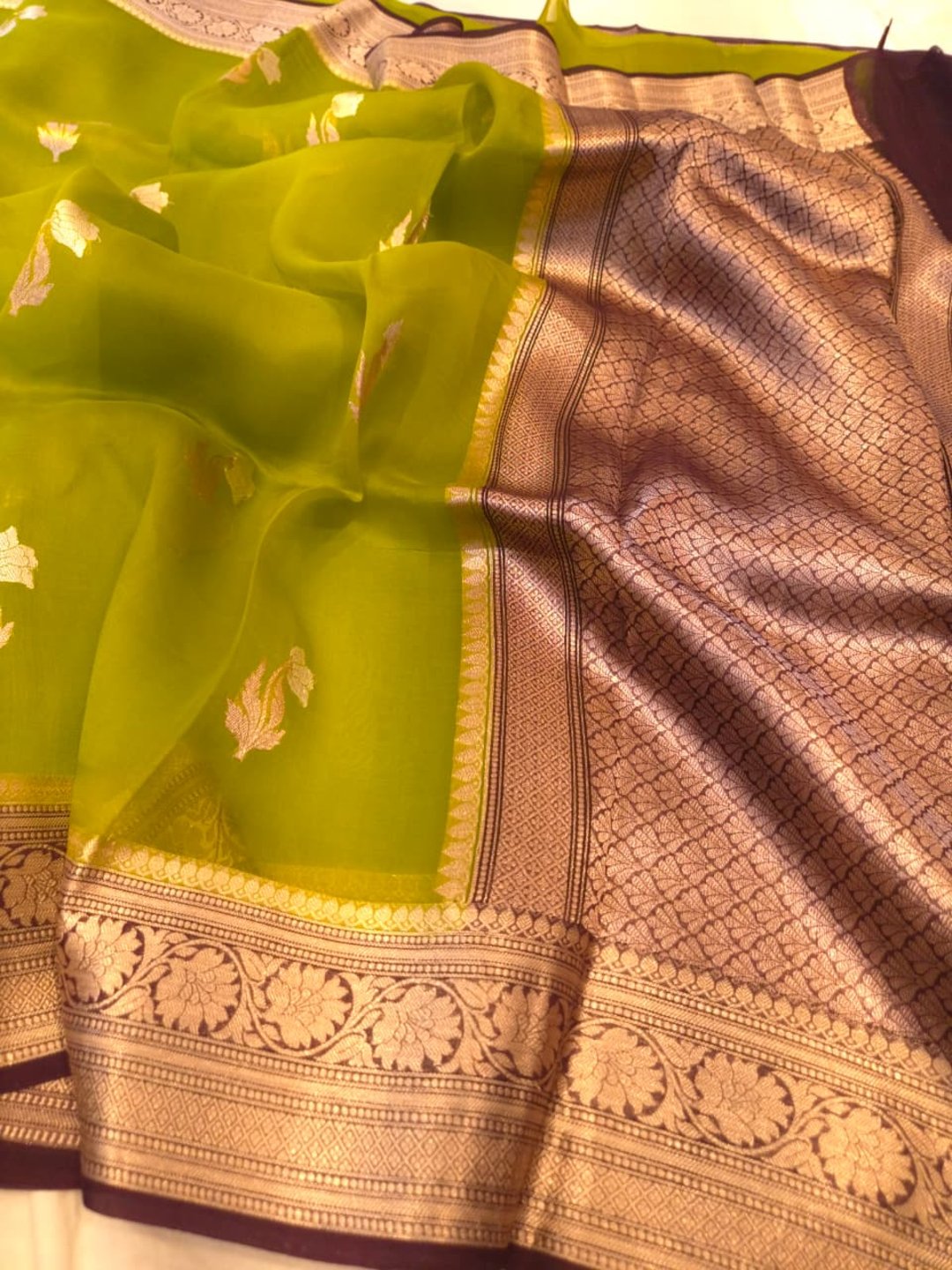 Olive green with maroon border a Kora Silk Banarasi saree front drape view