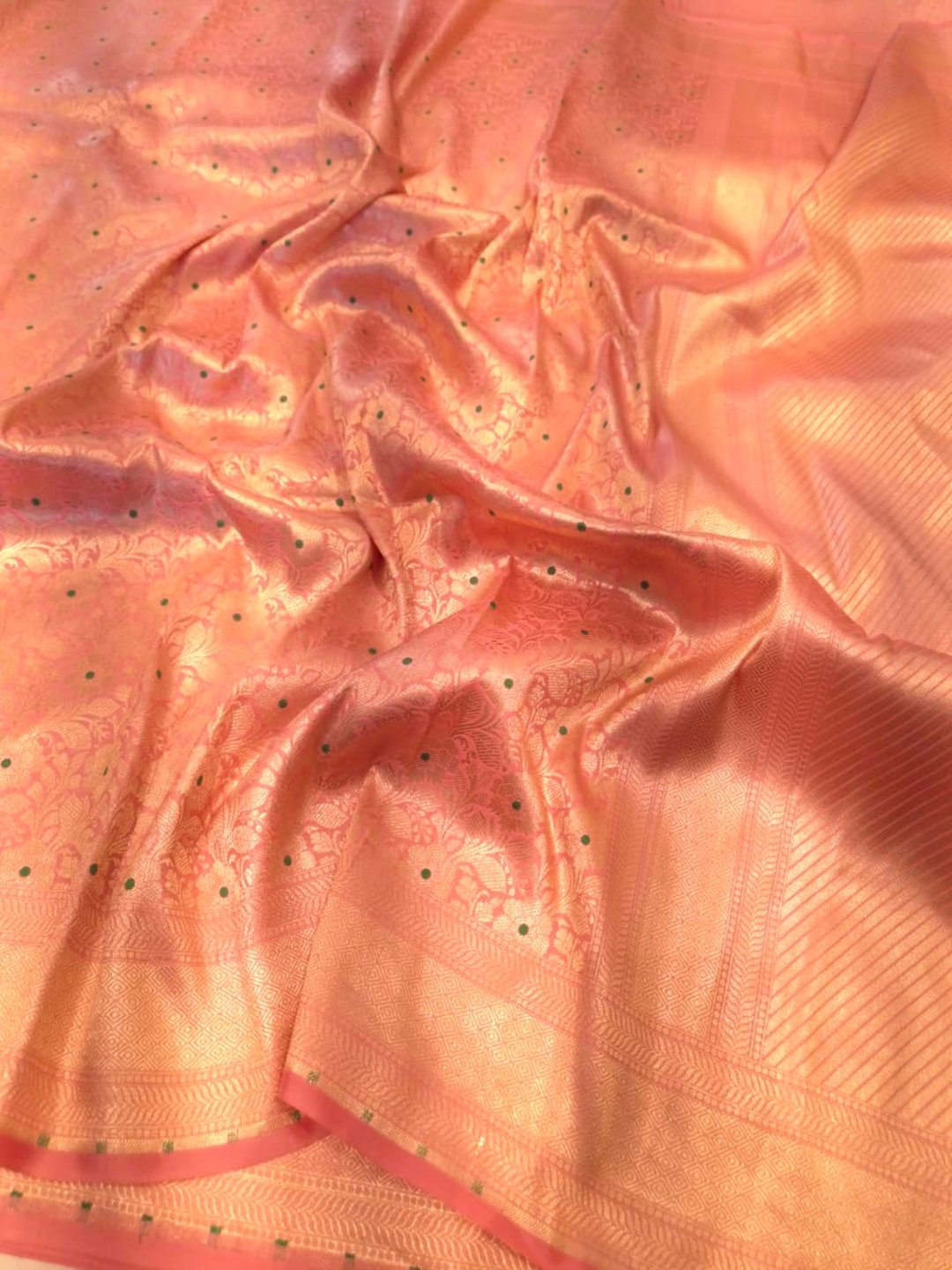 Baby Pinkl Katan Silk Banarasi saree front drape view