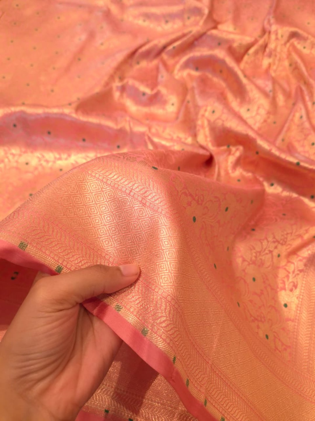 Baby Pinkl Katan Silk Banarasi saree full spread