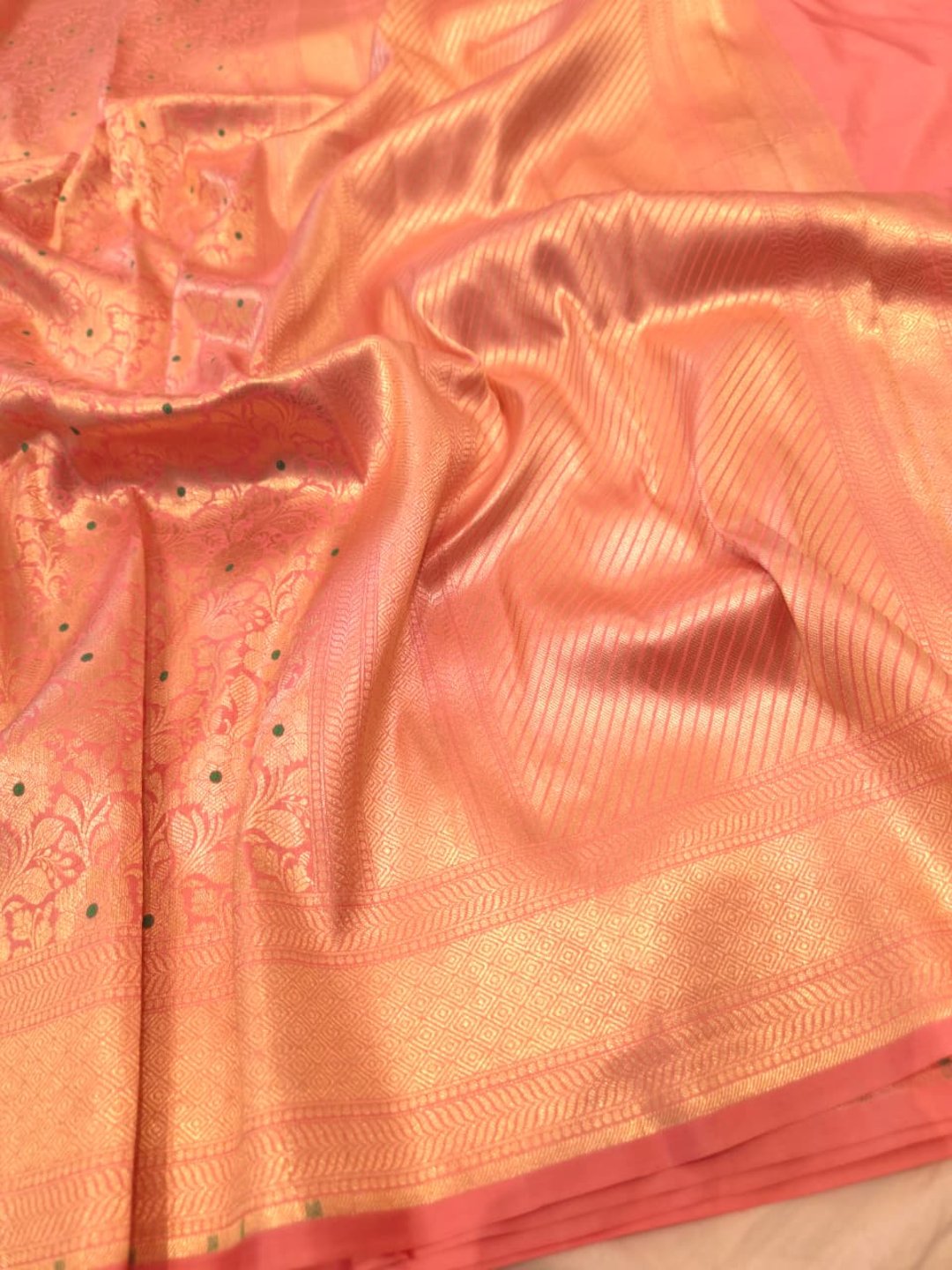 Baby Pinkl Katan Silk Banarasi saree zari work detail