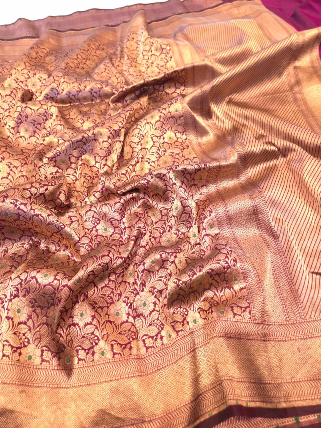 Deep Maroon Katan Silk Banarasi saree border closeup