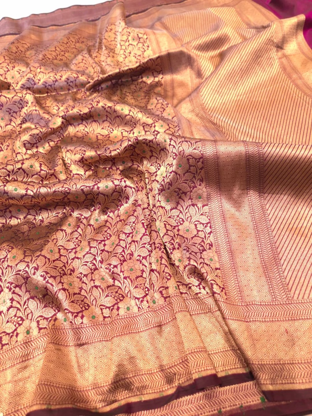 Deep Maroon Katan Silk Banarasi saree front drape view