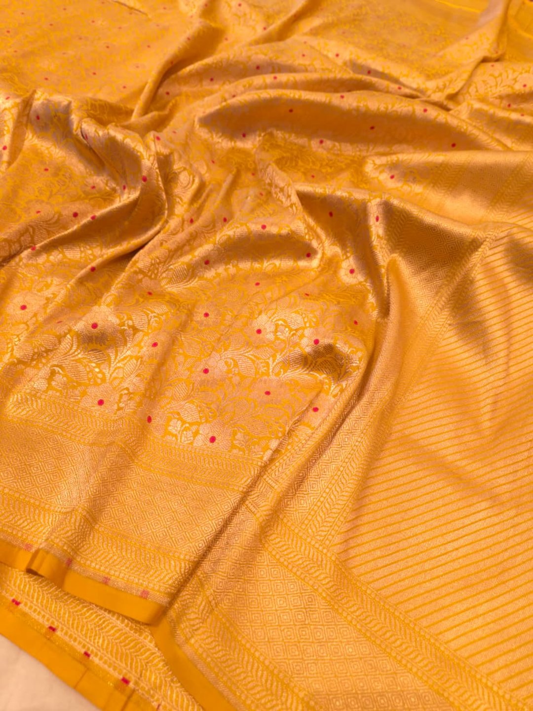 Yellow Katan Silk Banarasi saree front drape view