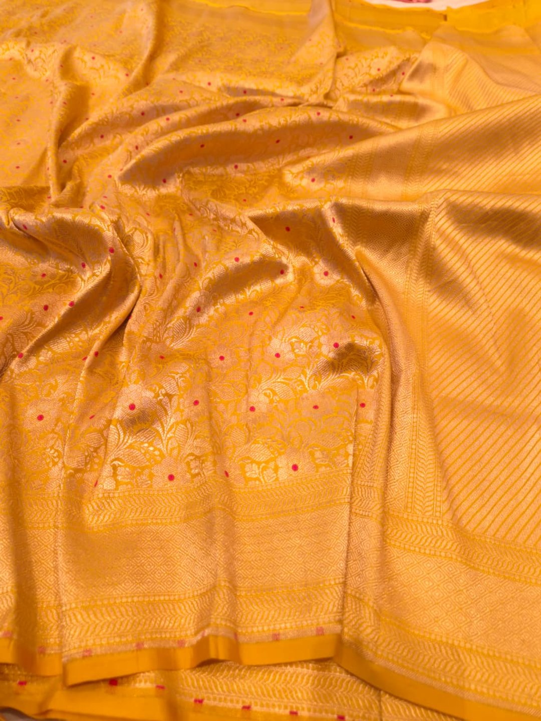 Yellow Katan Silk Banarasi saree texture detail