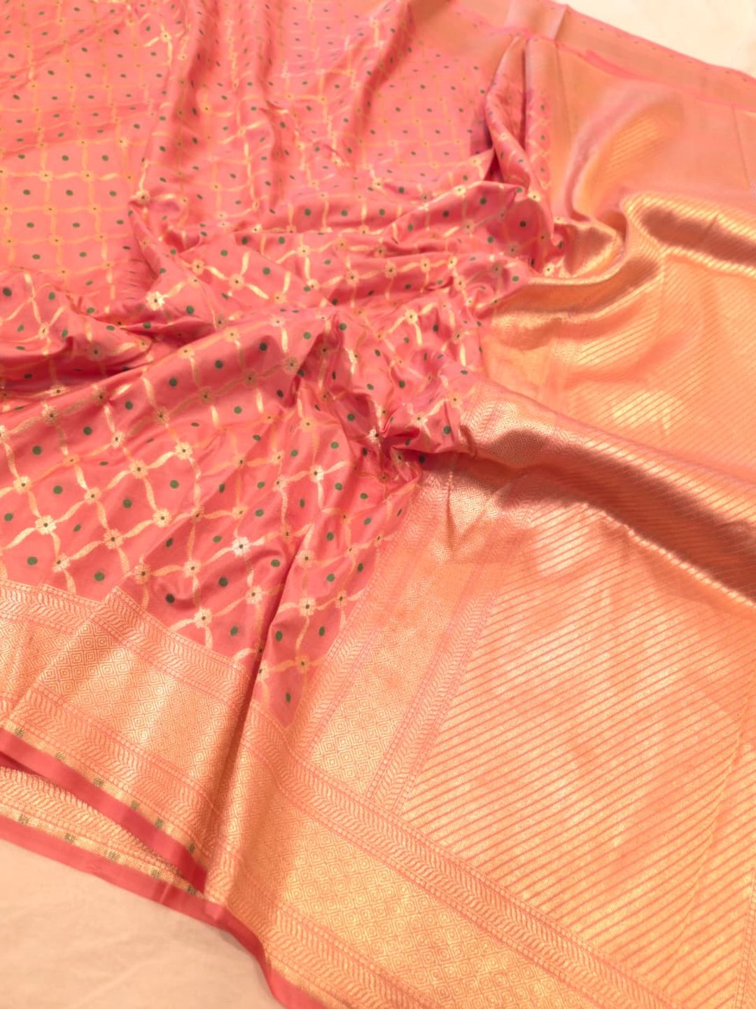 Light Pink Katan Silk Banarasi saree front drape view