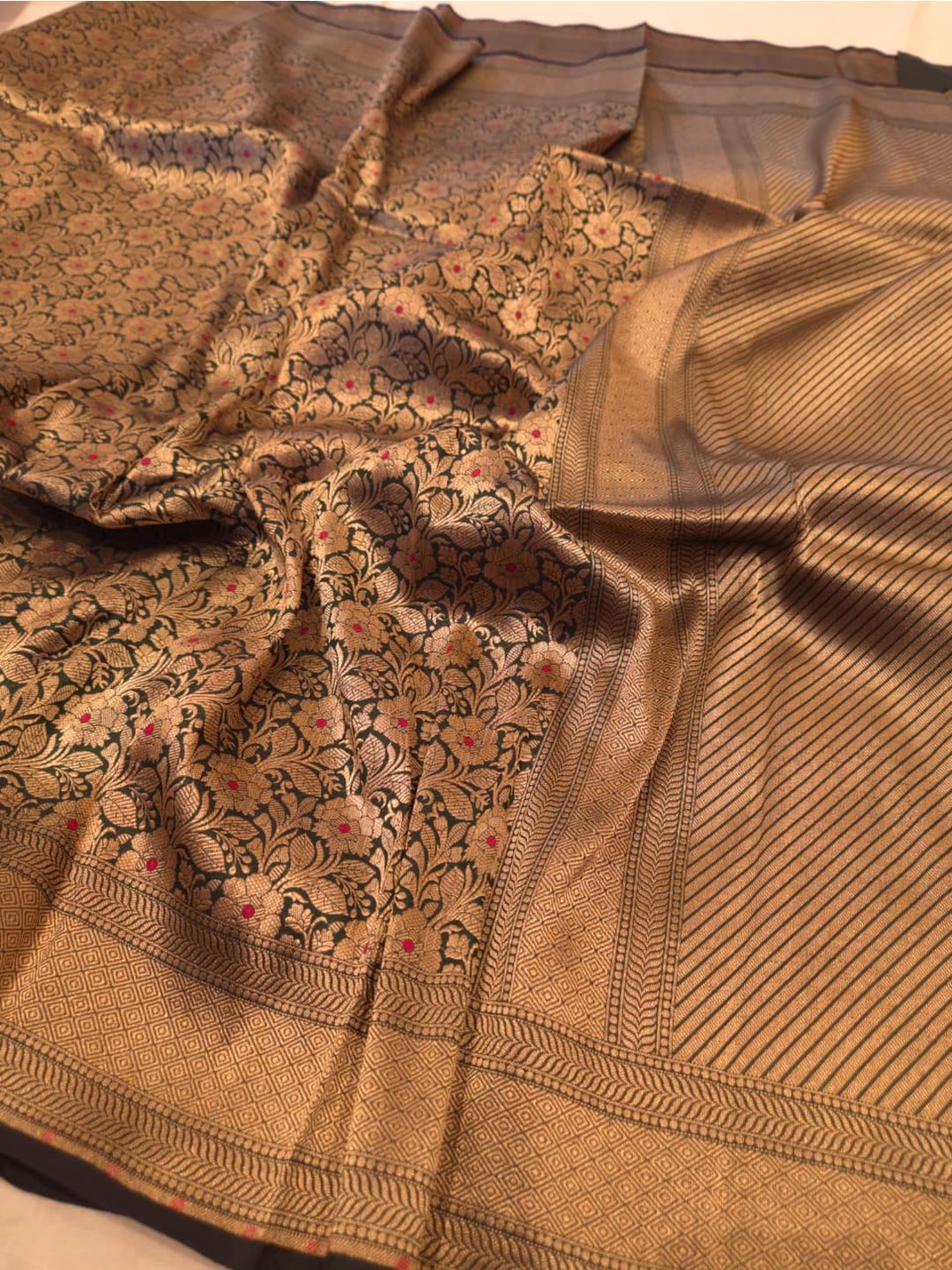 Bottle Green Katan Silk Banarasi saree front drape view