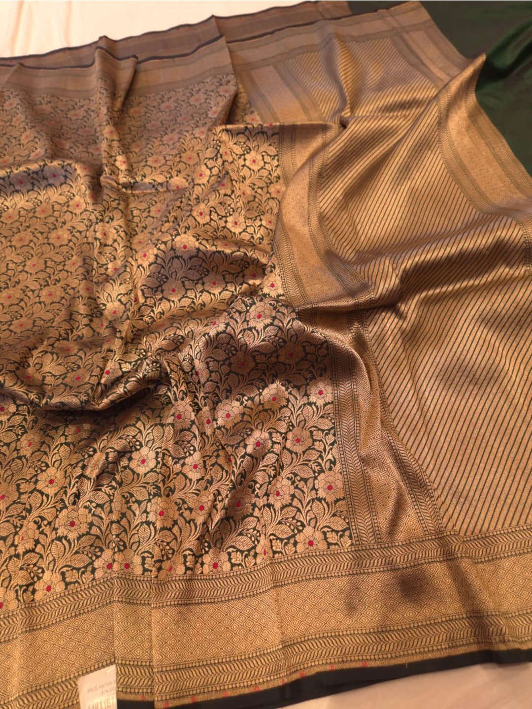 Bottle Green Katan Silk Banarasi saree texture detail