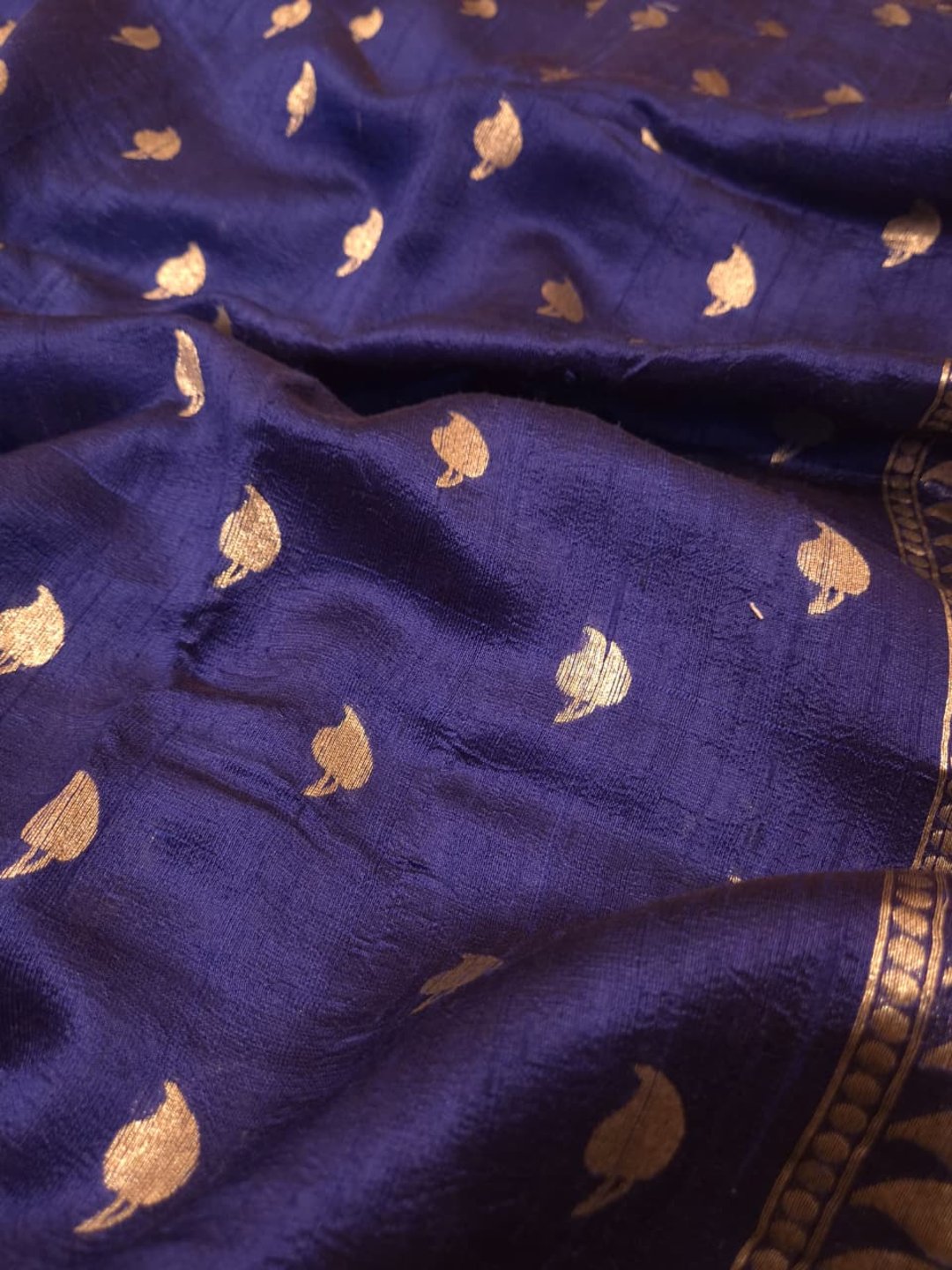 Deep Blue Tussar Silk Banarasi saree pallu detail