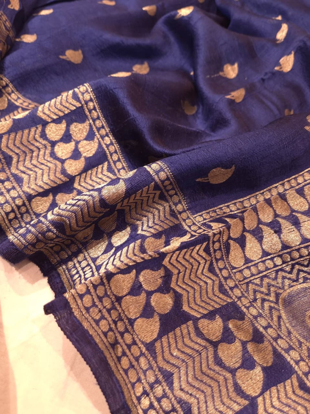 Deep Blue Tussar Silk Banarasi saree border closeup