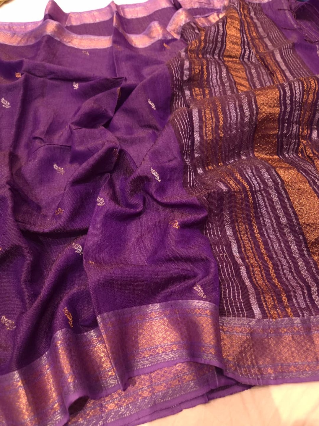 Deep Purple Tussar Silk Banarasi saree front drape view