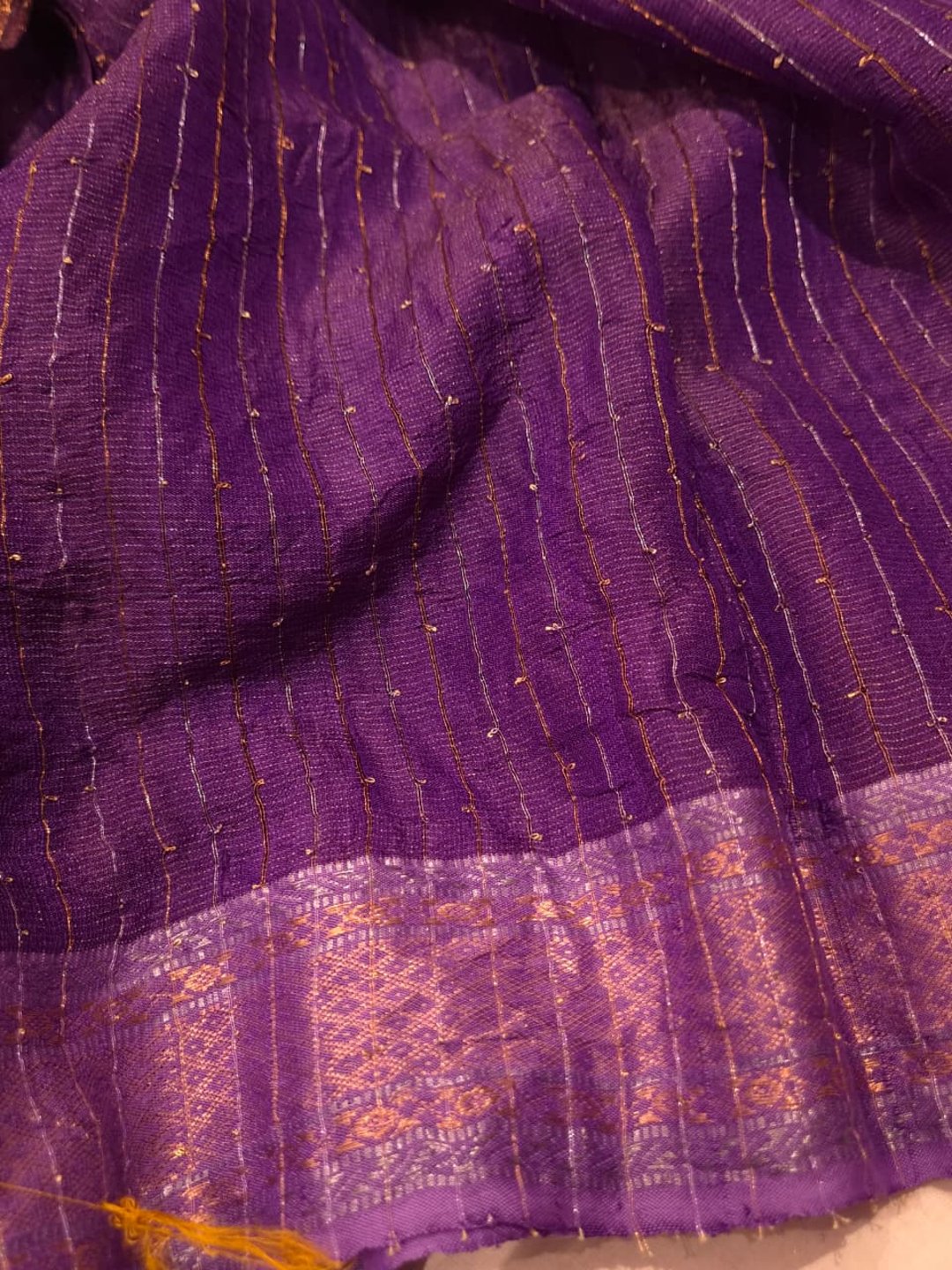 Deep Purple Tussar Silk Banarasi saree texture detail