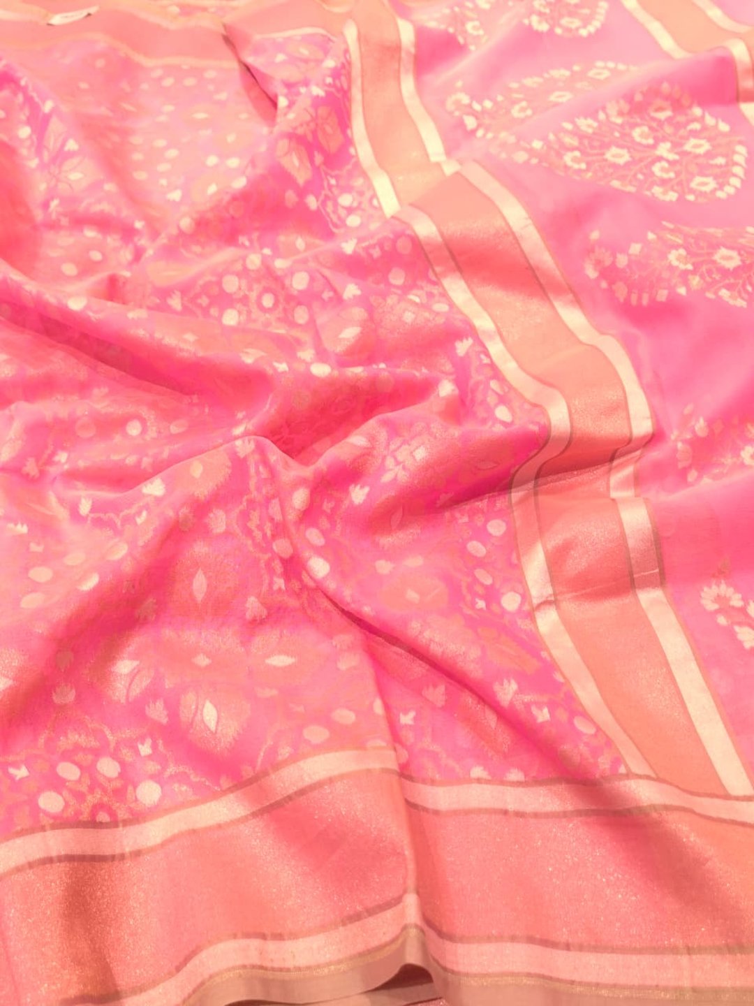 Light Pink Kora Silk Banarasi saree front drape view