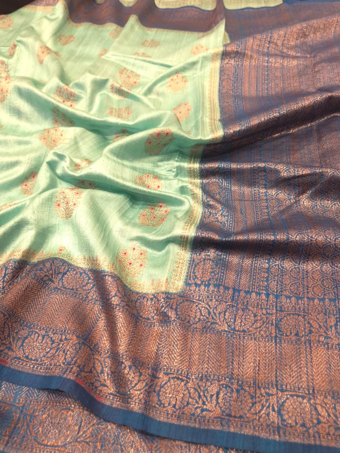 Mint Green Body with Peacock Blue Border Tussar Silk Banarasi saree front drape view