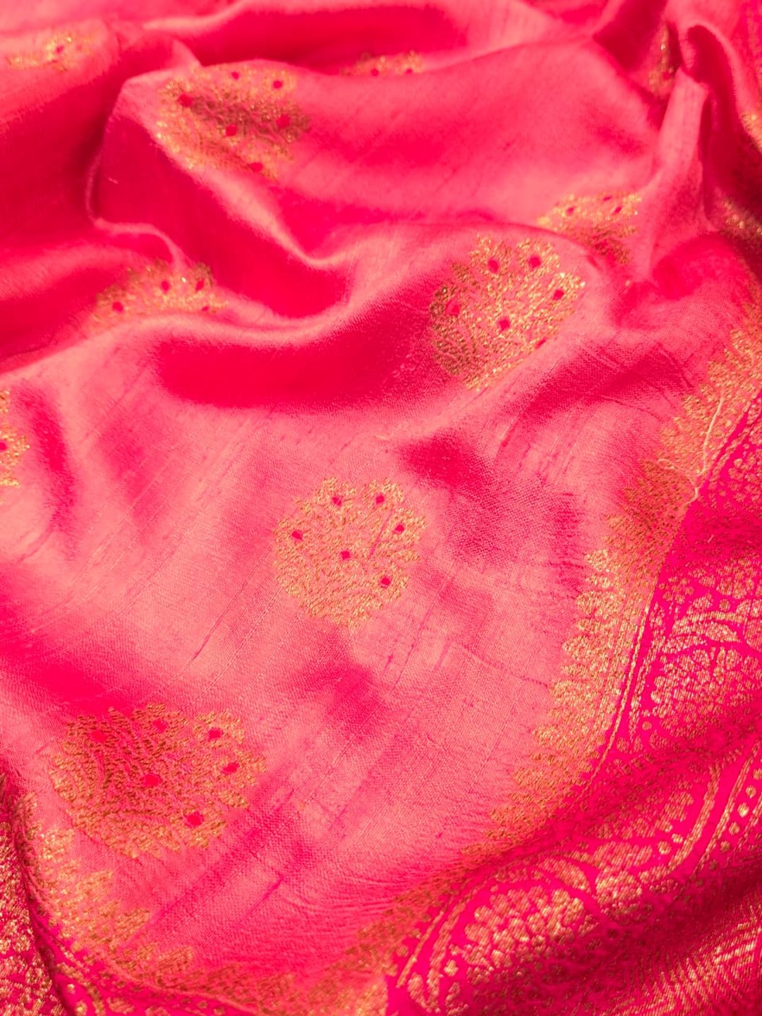 Rose Pink Body with Rani Pink Border Tussar Silk Banarasi saree front drape view