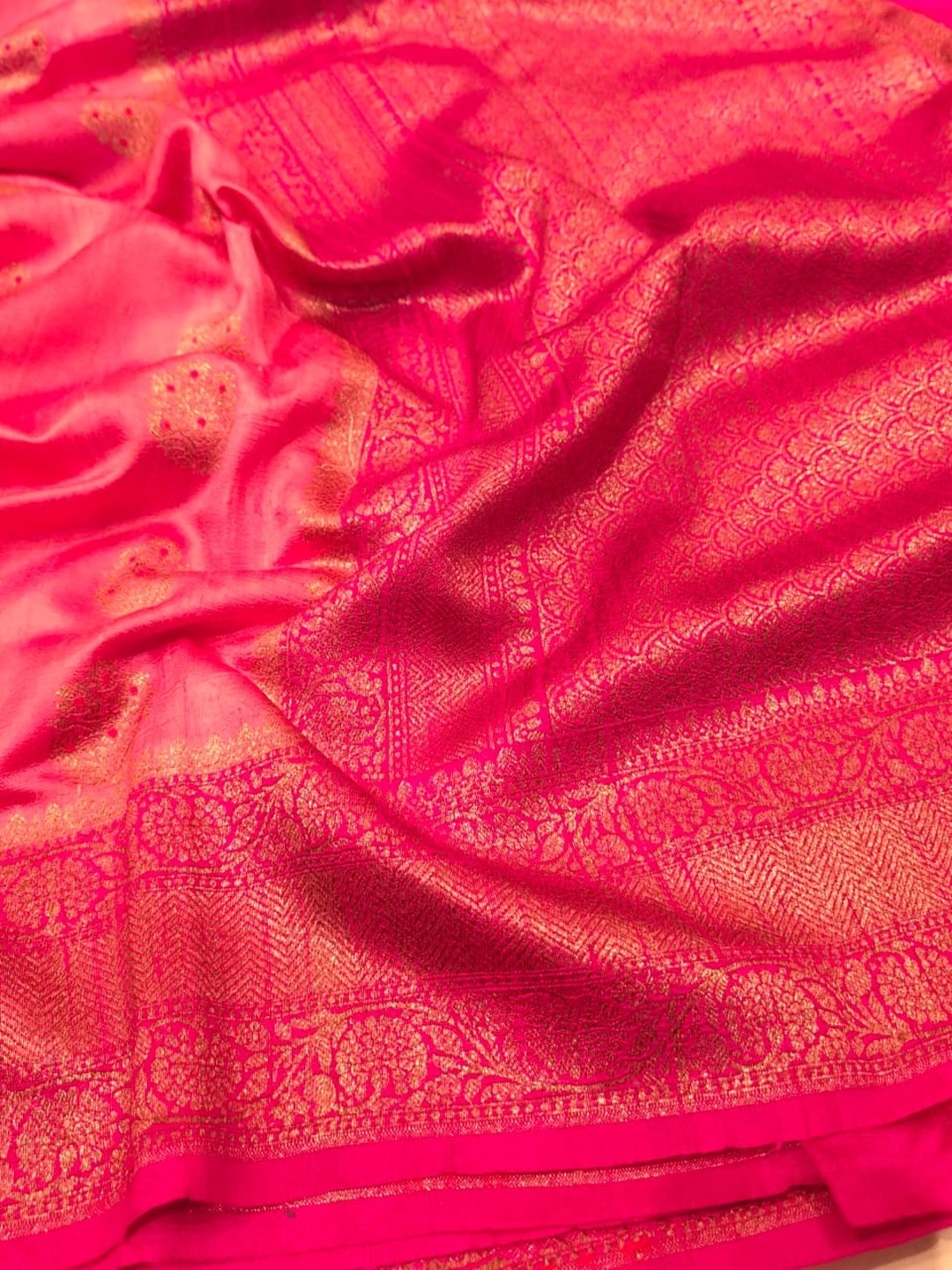 Rose Pink Body with Rani Pink Border Tussar Silk Banarasi saree front drape view