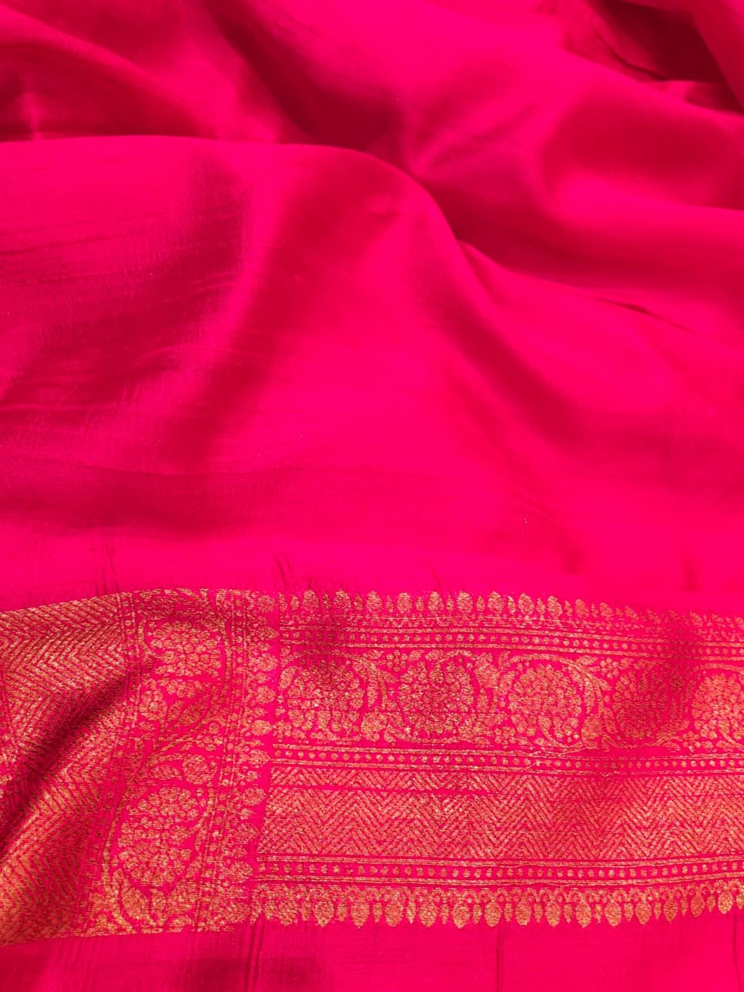 Rose Pink Body with Rani Pink Border Tussar Silk Banarasi saree front drape view