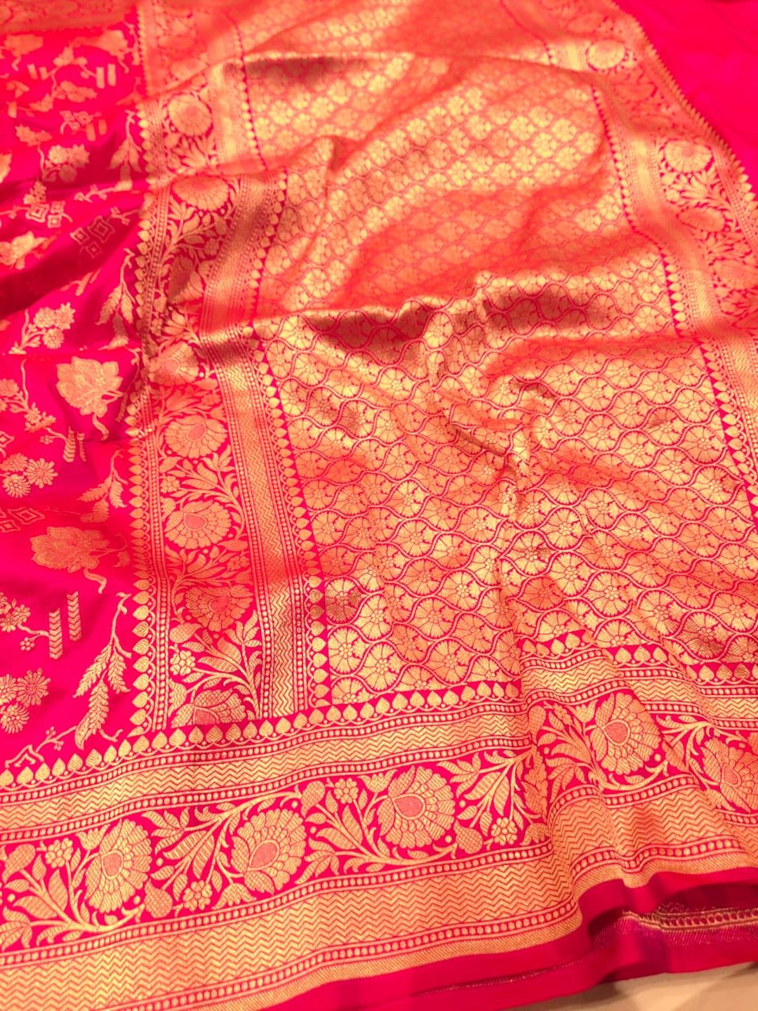 Royal Pink Katan Silk Banarasi saree full spread