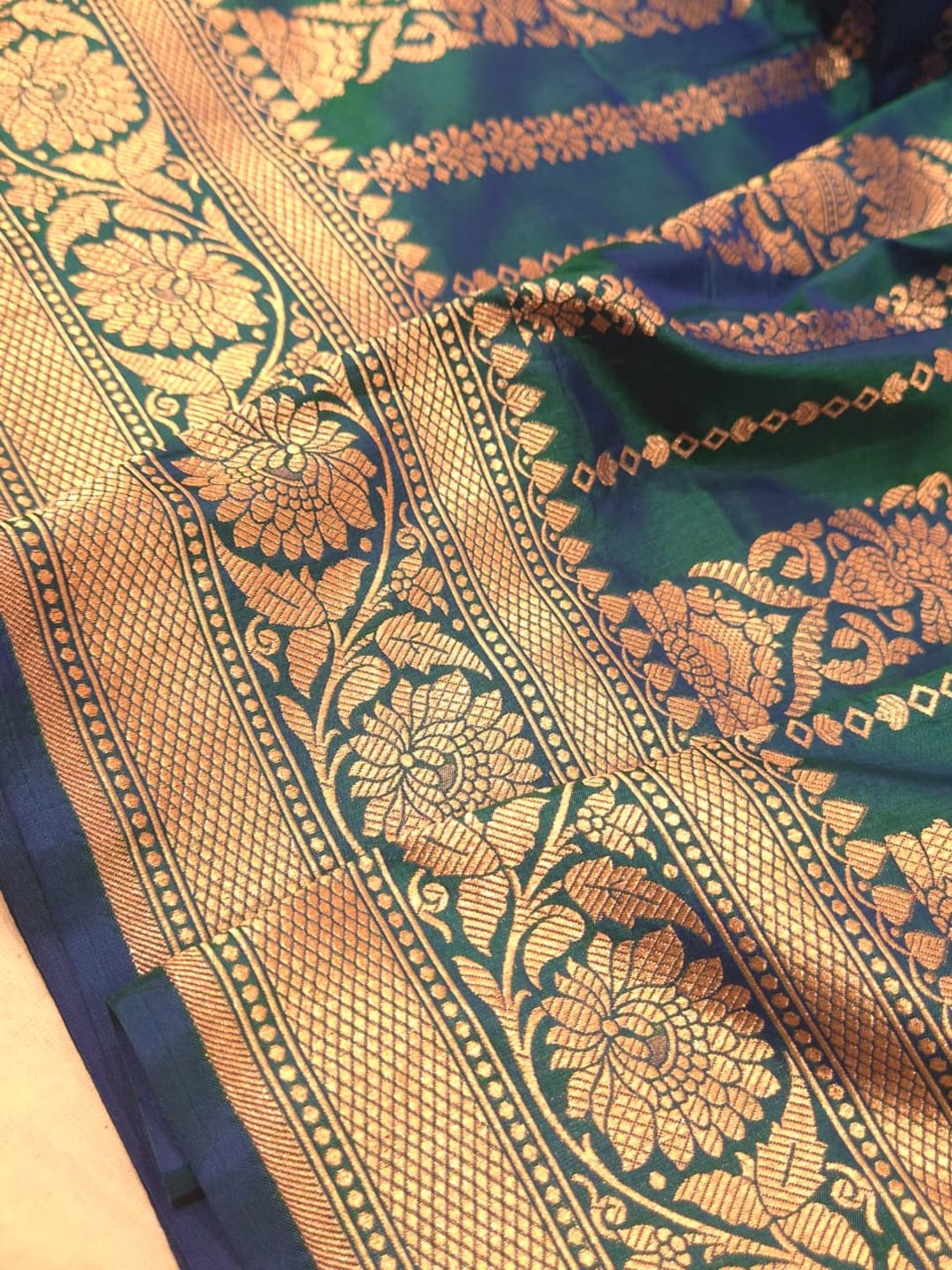 Peacock blue Katan Silk Banarasi saree full spread