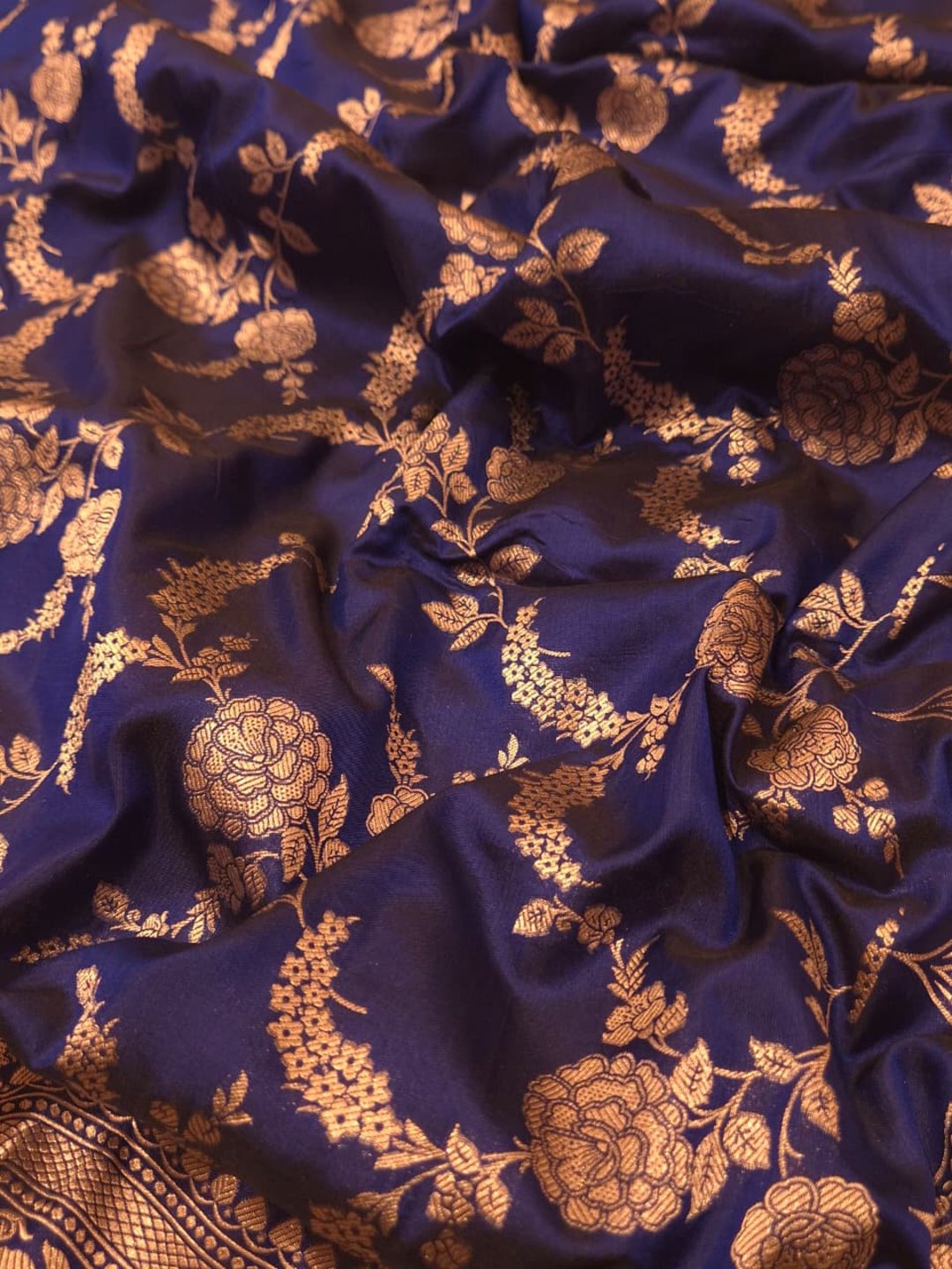 Deep Navy Blue Katan Silk Banarasi saree pallu detail