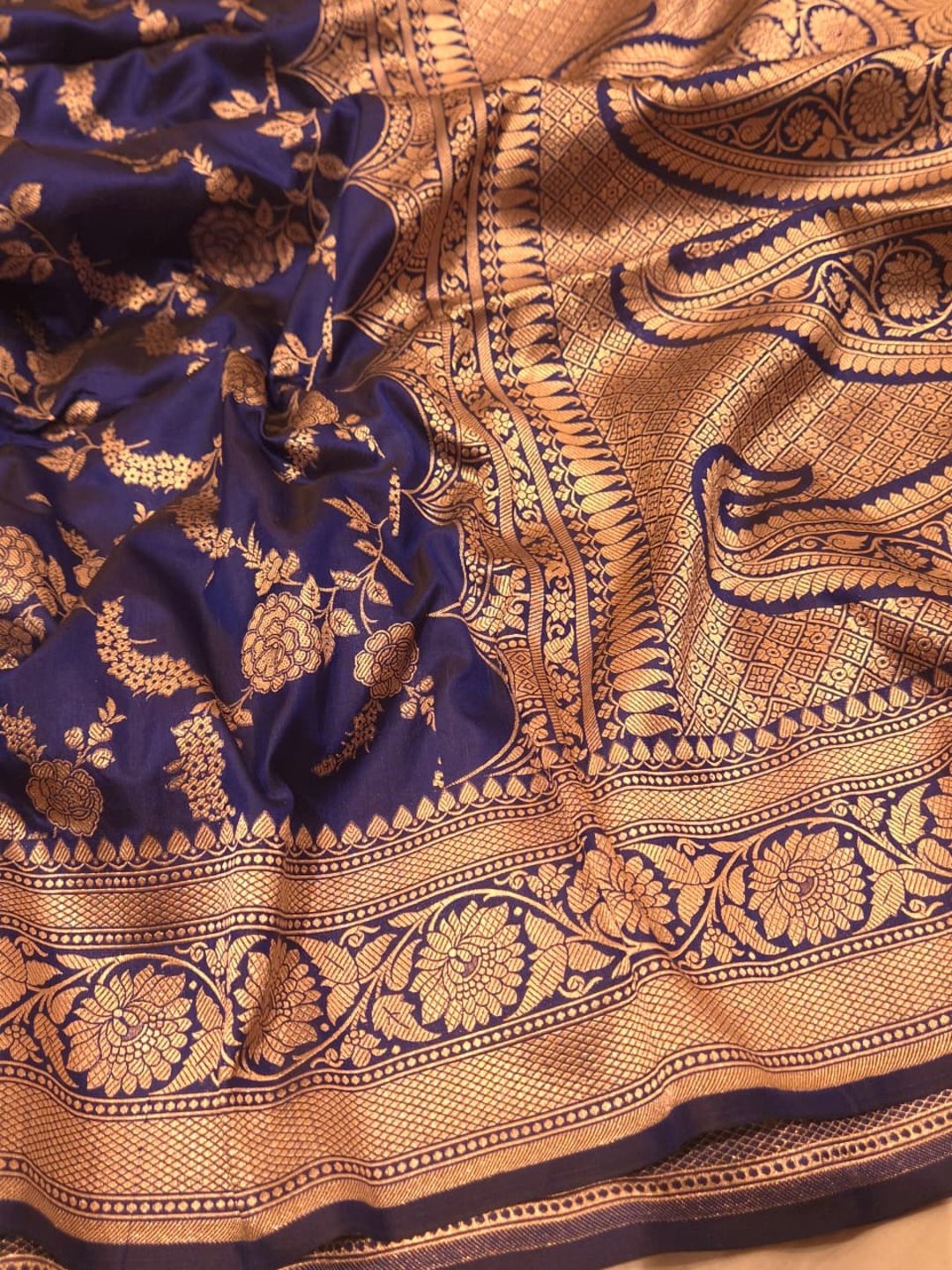 Deep Navy Blue Katan Silk Banarasi saree blouse piece