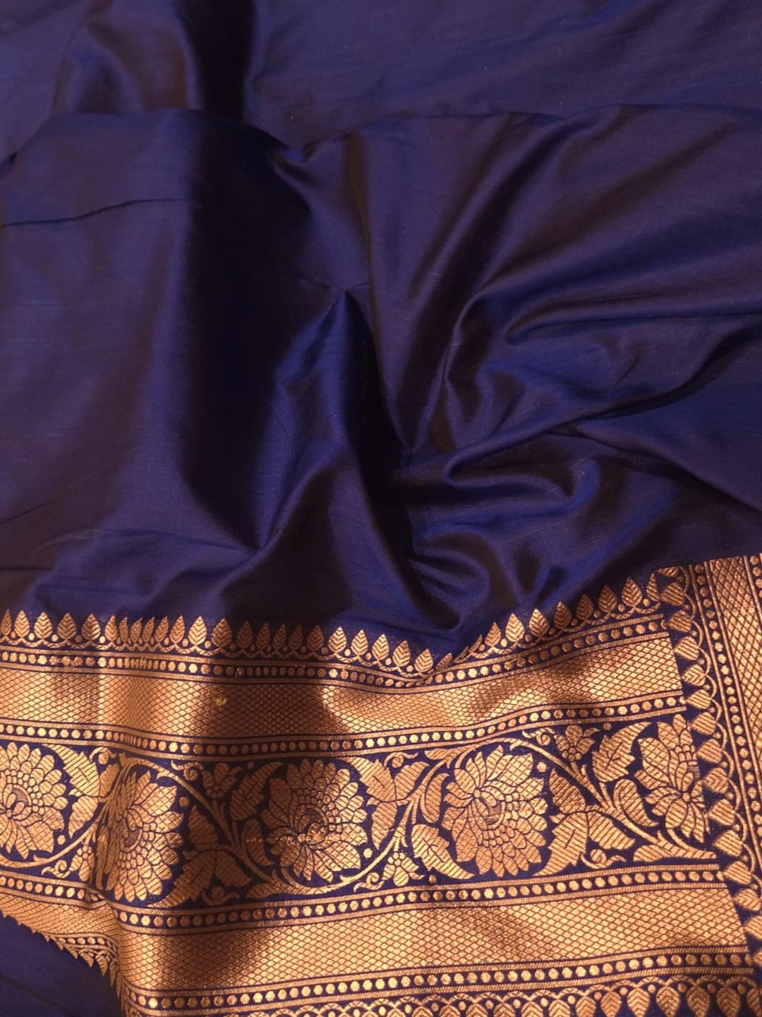 Deep Navy Blue Katan Silk Banarasi saree texture detail