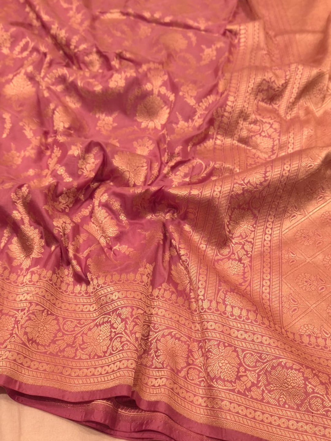 Soft Rose PInk Katan Silk Banarasi saree front drape view