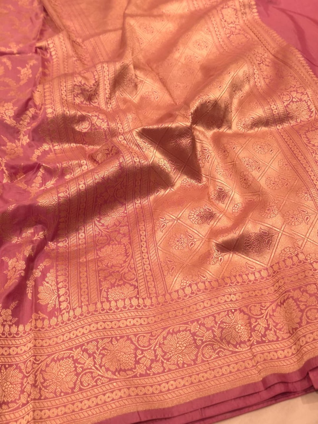 Soft Rose PInk Katan Silk Banarasi saree full spread