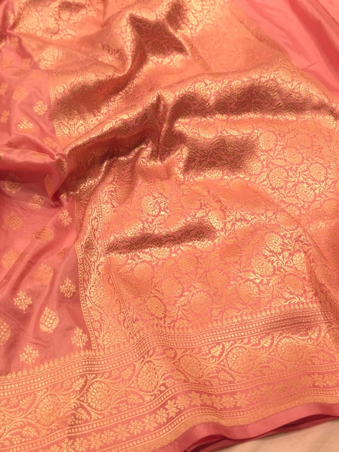 Light PInk Katan Silk Banarasi saree full spread
