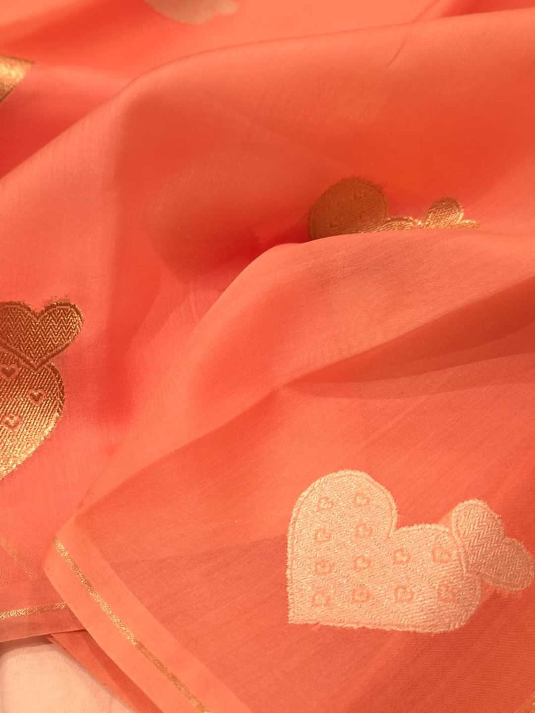 Peach Kora Silk Banarasi saree border closeup