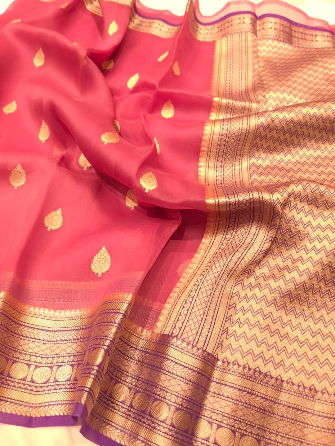 Peach with Purple border shade Kora Silk Banarasi saree front drape view