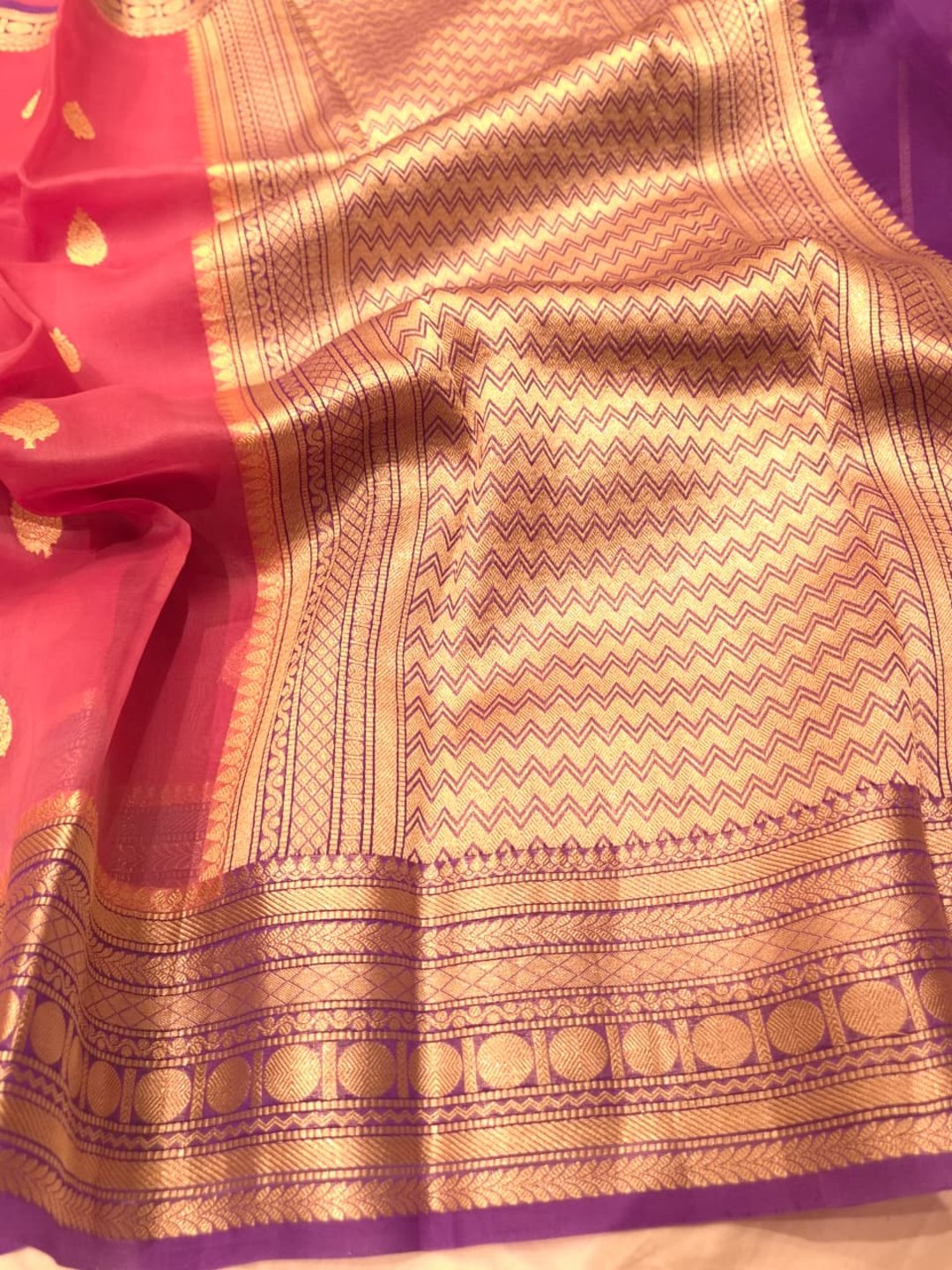 Peach with Purple border shade Kora Silk Banarasi saree blouse piece