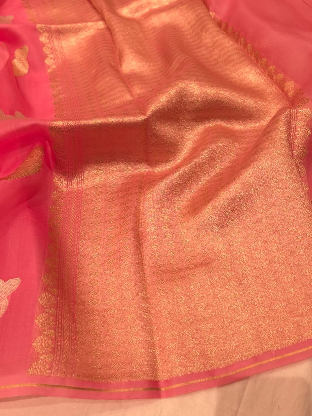 Light Pink Kora Silk Banarasi saree full spread