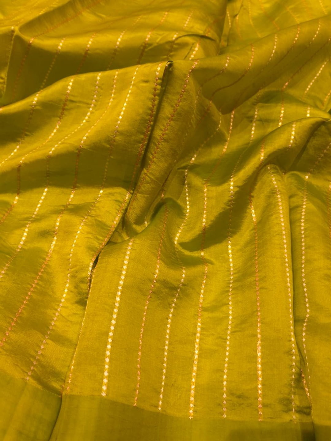Parrot Green Katan Silk Banarasi saree texture detail