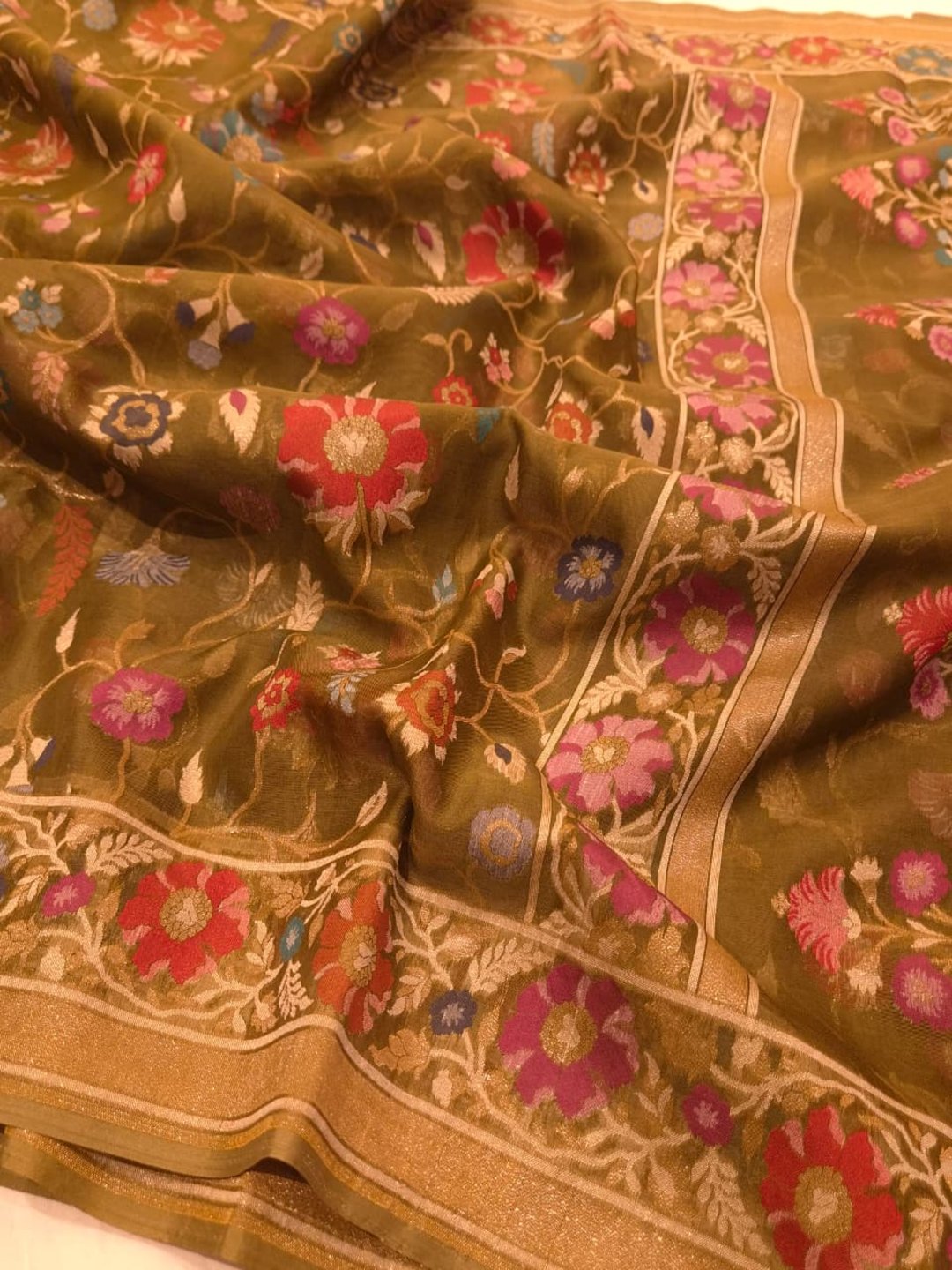 Rich Olive Green with Multicolour Floral Weaving Kora Silk Banarasi saree pallu detail